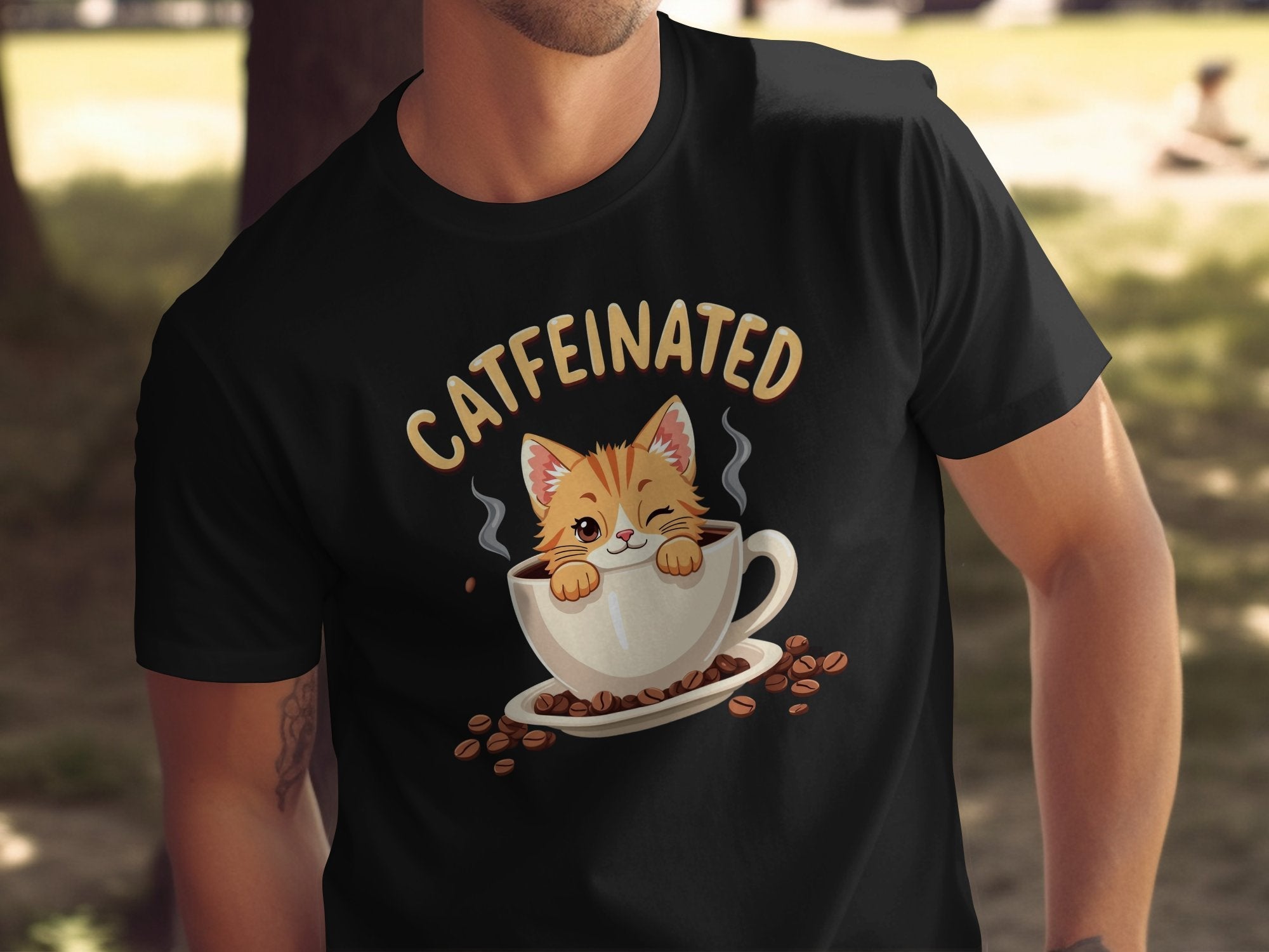 Catfeinated Cat in Coffee Cup T-Shirt, Fun Cat Lover Graphic Tee, Cute Cat Coffee Addict Shirt, Funny Kitty Coffee Mug Design - Craig Michael Design