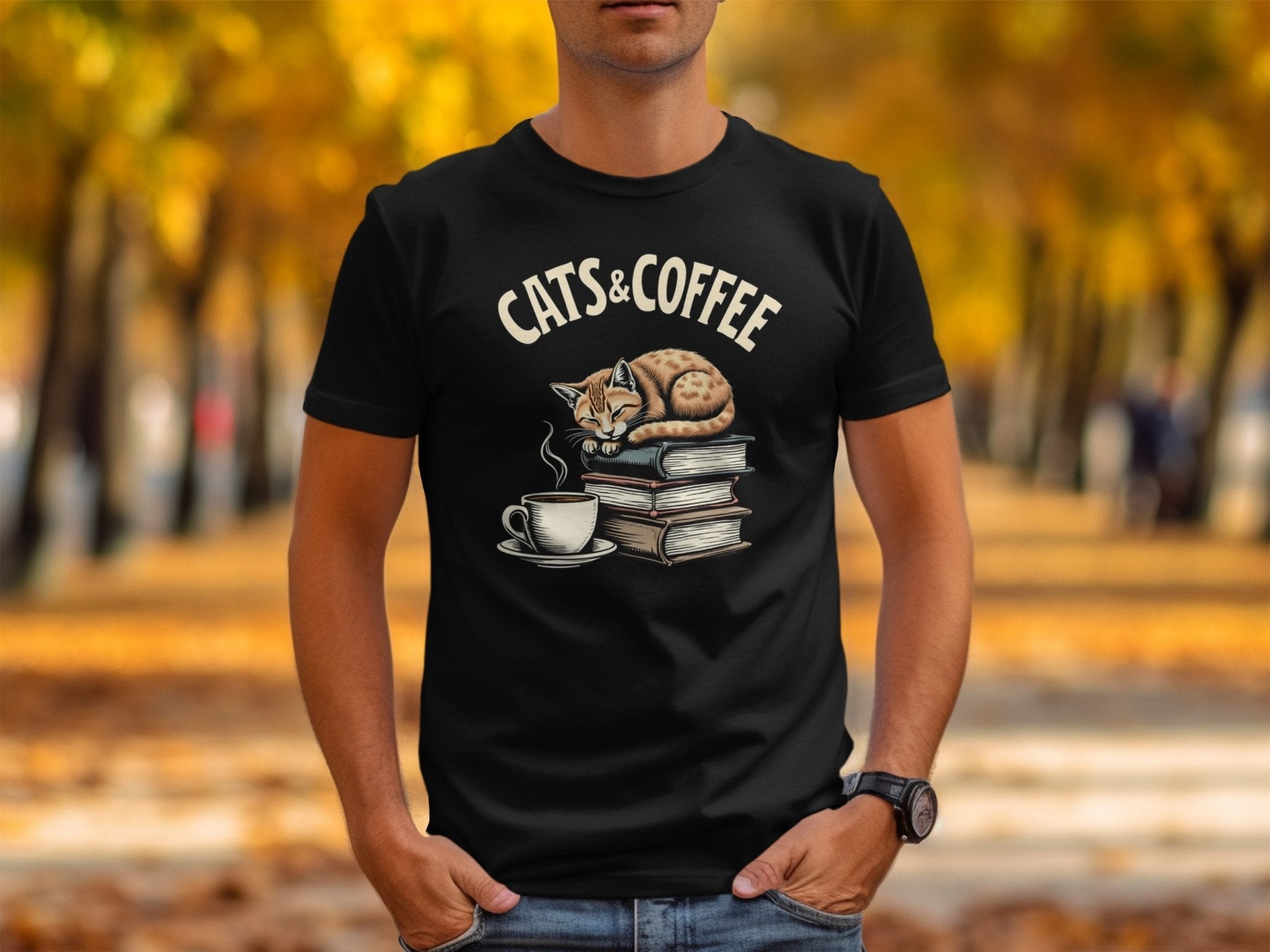 Cats and Coffee Graphic Tee, Funny Cat Lover Shirt, Book Lover Gift, Cozy Reading T Shirt, Bookish Cat Tee, Cute Coffee Cat Shirt - Craig Michael Design