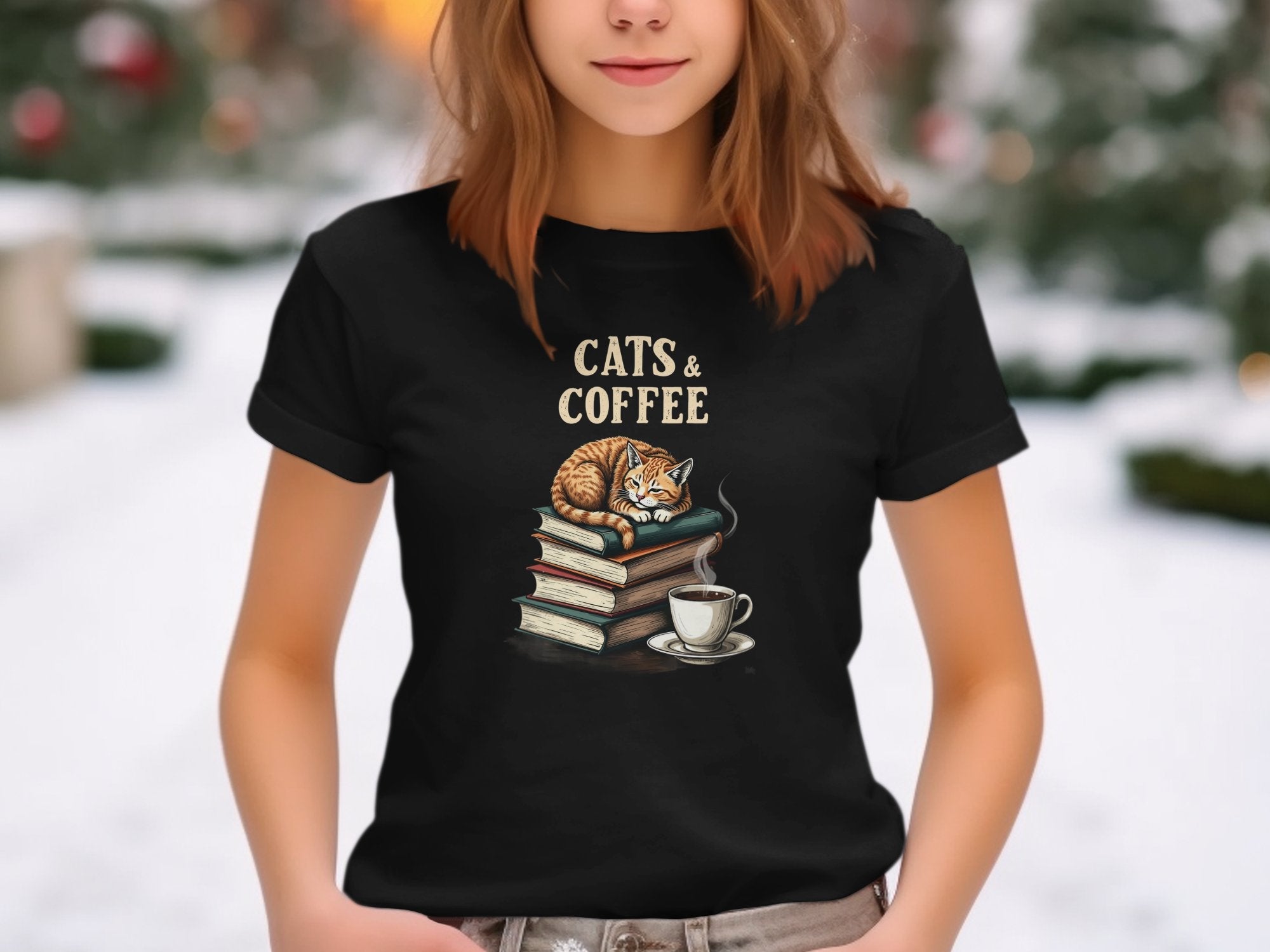 Cats and Coffee T-Shirt, Cozy Cat Shirt with Books and Coffee, Perfect Gift for Book and Coffee Lovers, Cute Cat Lover Tee - Craig Michael Design