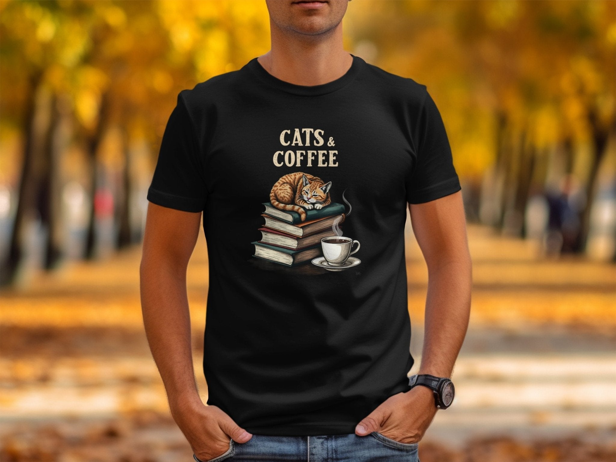 Cats and Coffee T-Shirt, Cozy Cat Shirt with Books and Coffee, Perfect Gift for Book and Coffee Lovers, Cute Cat Lover Tee - Craig Michael Design