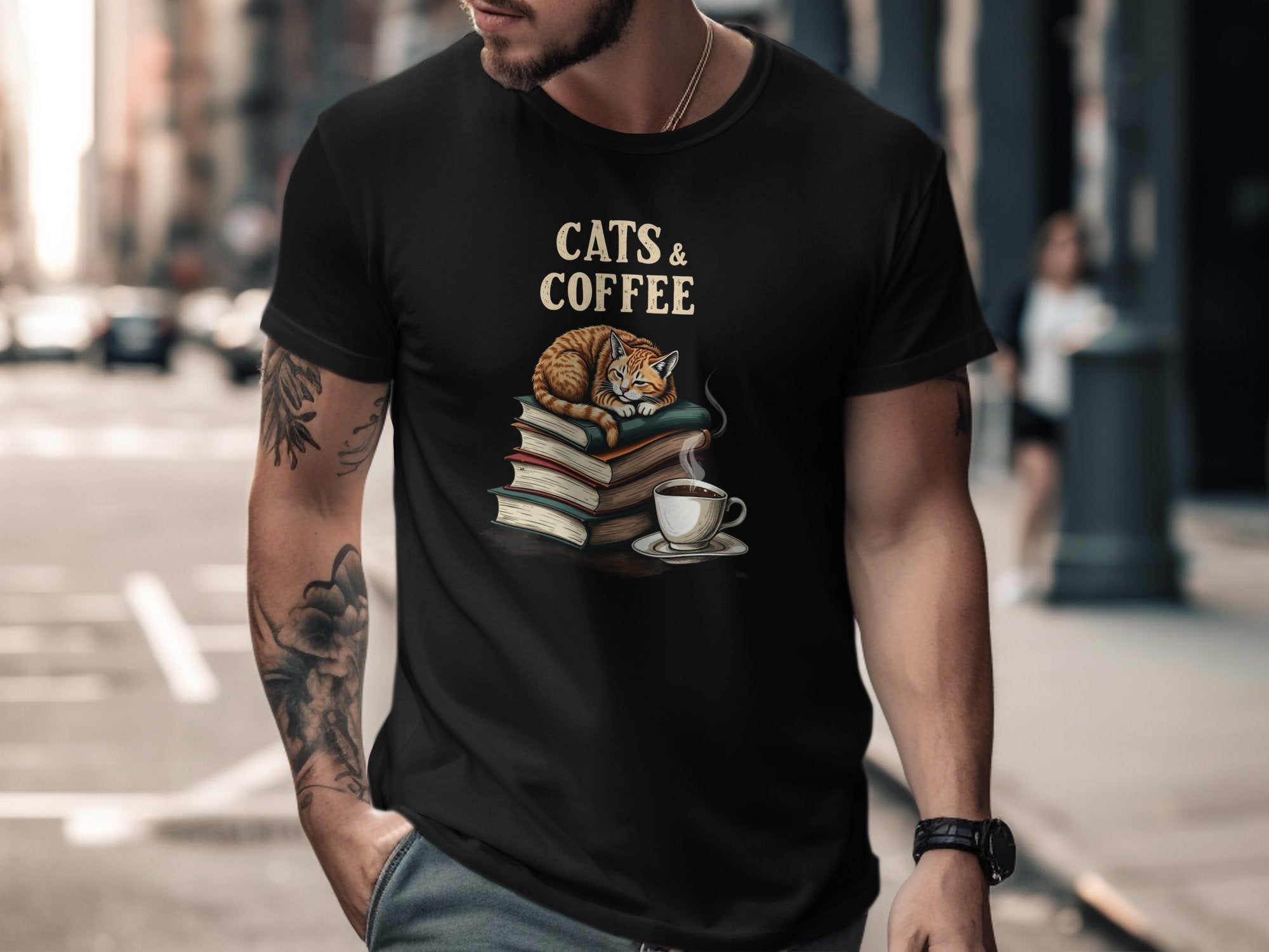 Cats and Coffee T-Shirt, Cozy Cat Shirt with Books and Coffee, Perfect Gift for Book and Coffee Lovers, Cute Cat Lover Tee - Craig Michael Design