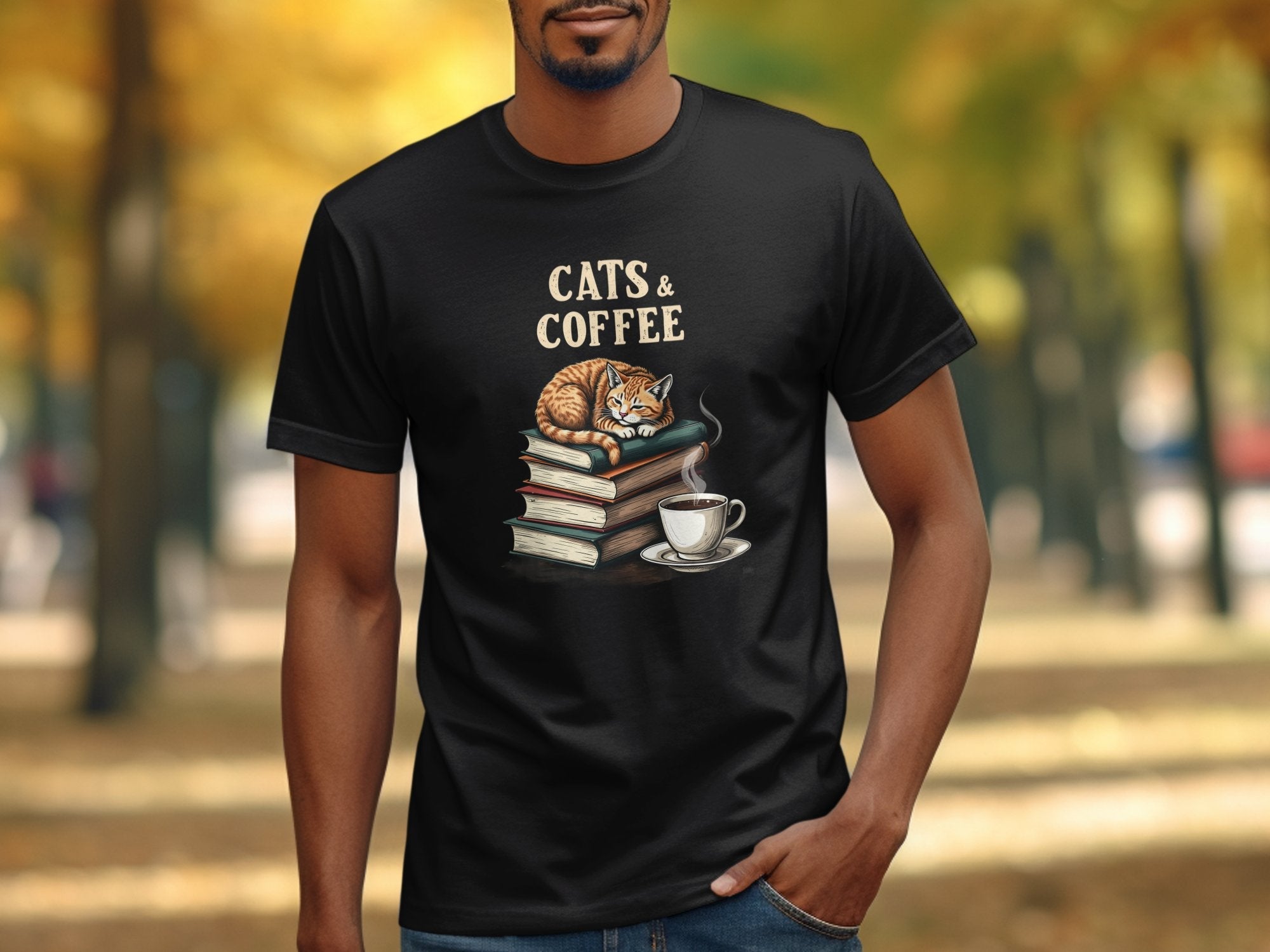 Cats and Coffee T-Shirt, Cozy Cat Shirt with Books and Coffee, Perfect Gift for Book and Coffee Lovers, Cute Cat Lover Tee - Craig Michael Design