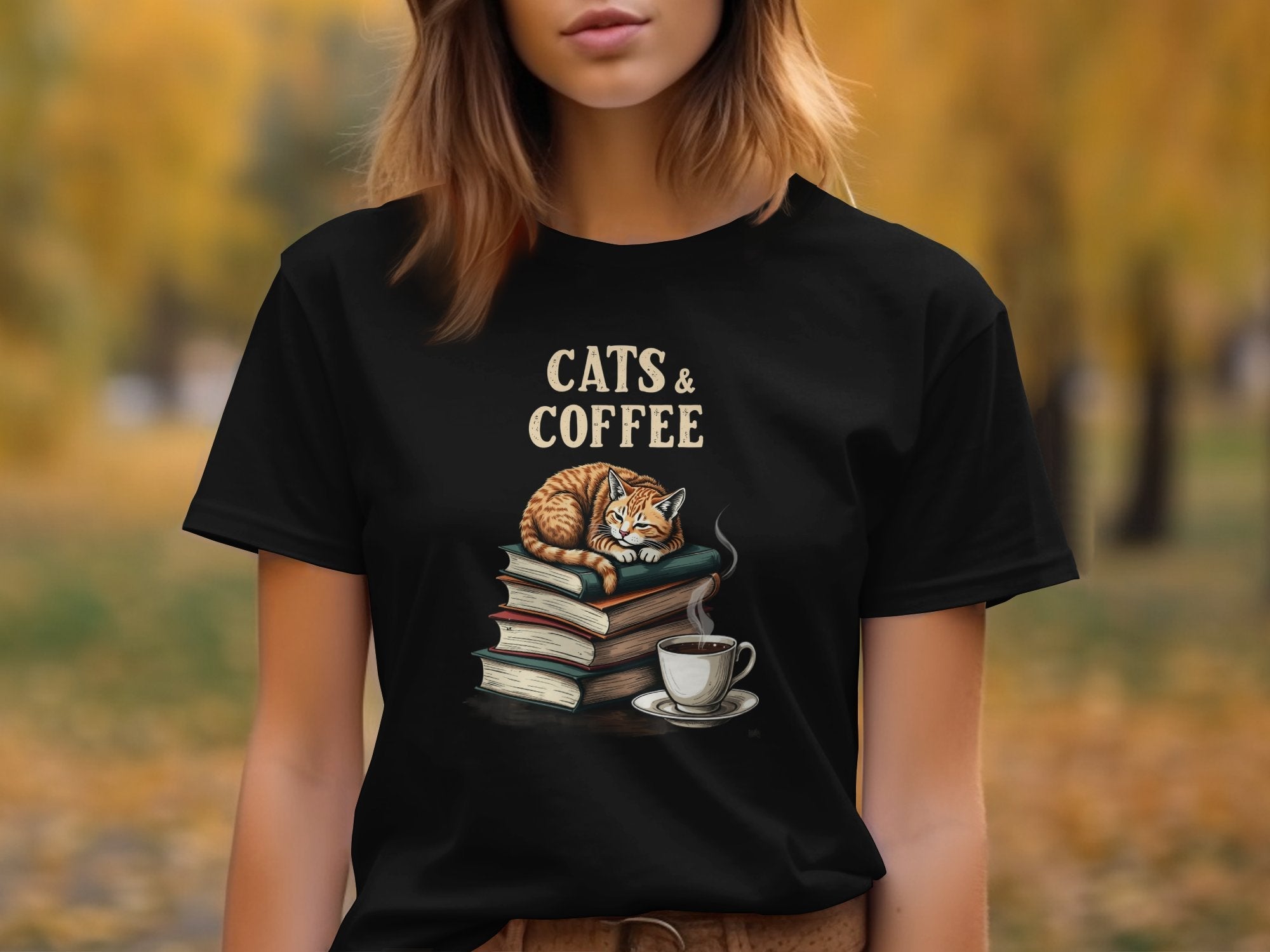 Cats and Coffee T-Shirt, Cozy Cat Shirt with Books and Coffee, Perfect Gift for Book and Coffee Lovers, Cute Cat Lover Tee - Craig Michael Design