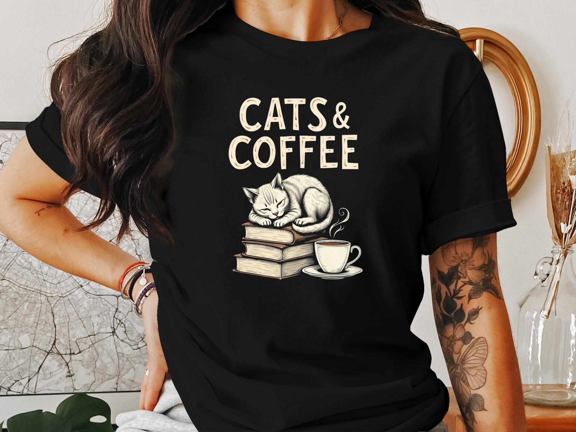 Cats and Coffee T-Shirt, Cute Cat with Coffee Cup Tee, Cozy Cat Lover Gift, Reading Books Shirt, Funny Cat Enthusiast Top - Craig Michael Design