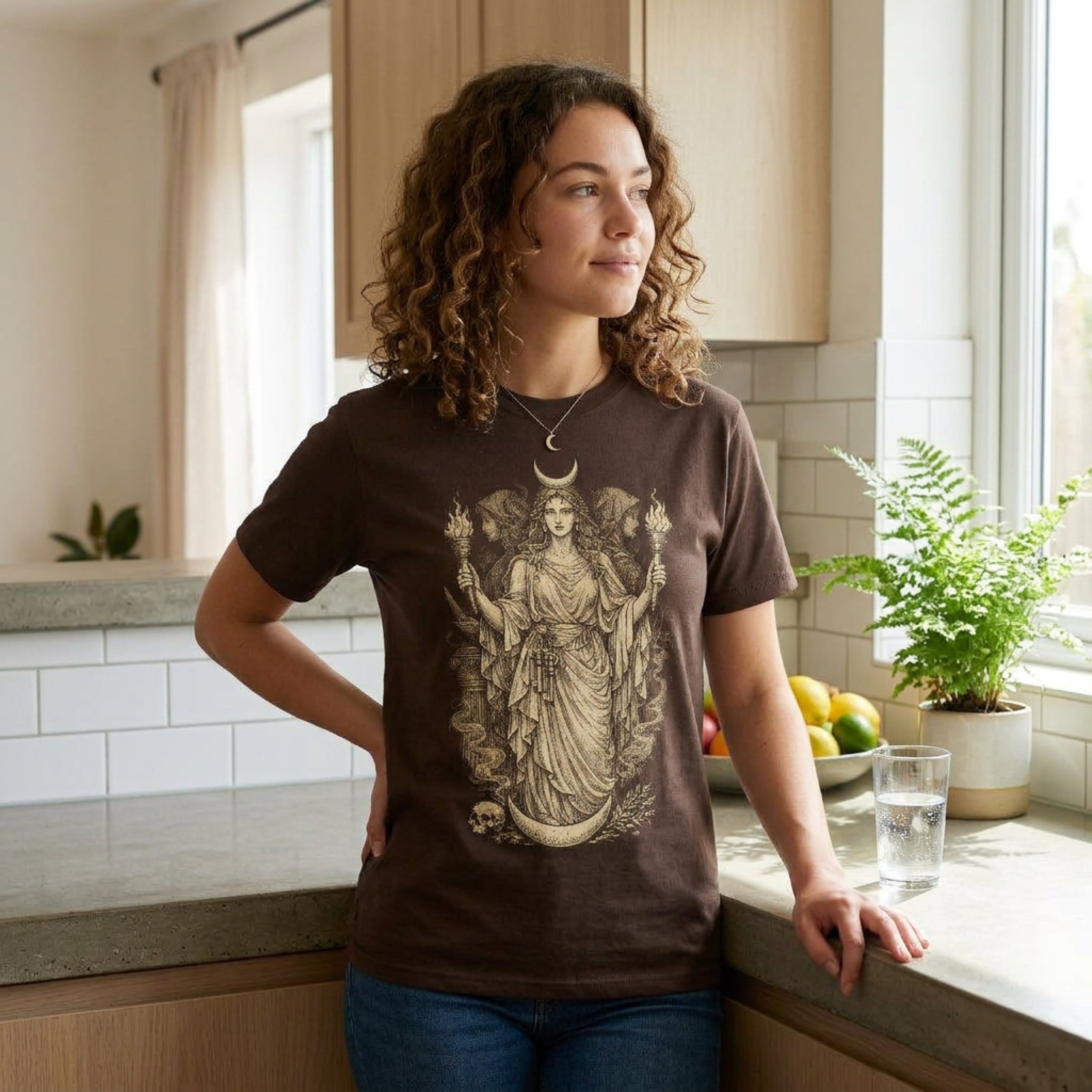 Woman wearing brown t-shirt with a goddess graphic and celestial moon.