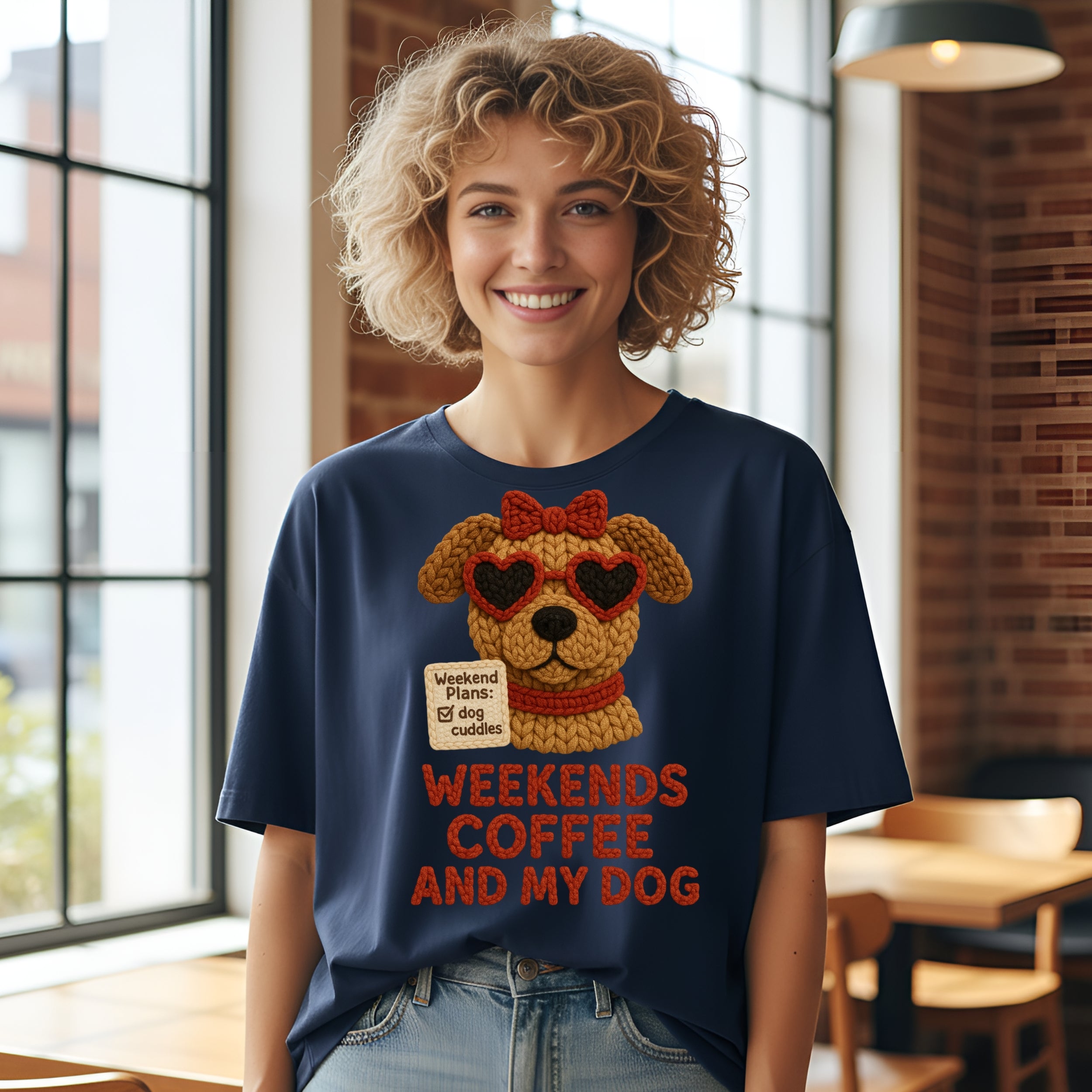 Woman wearing navy t-shirt with dog wearing sunglasses and holding sign, "Weekend plans: dog cuddles."