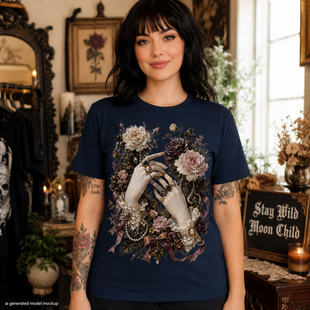 Dark navy t-shirt with gothic floral design, two hands adorned with rings, and text "Stay Wild Moon Child".