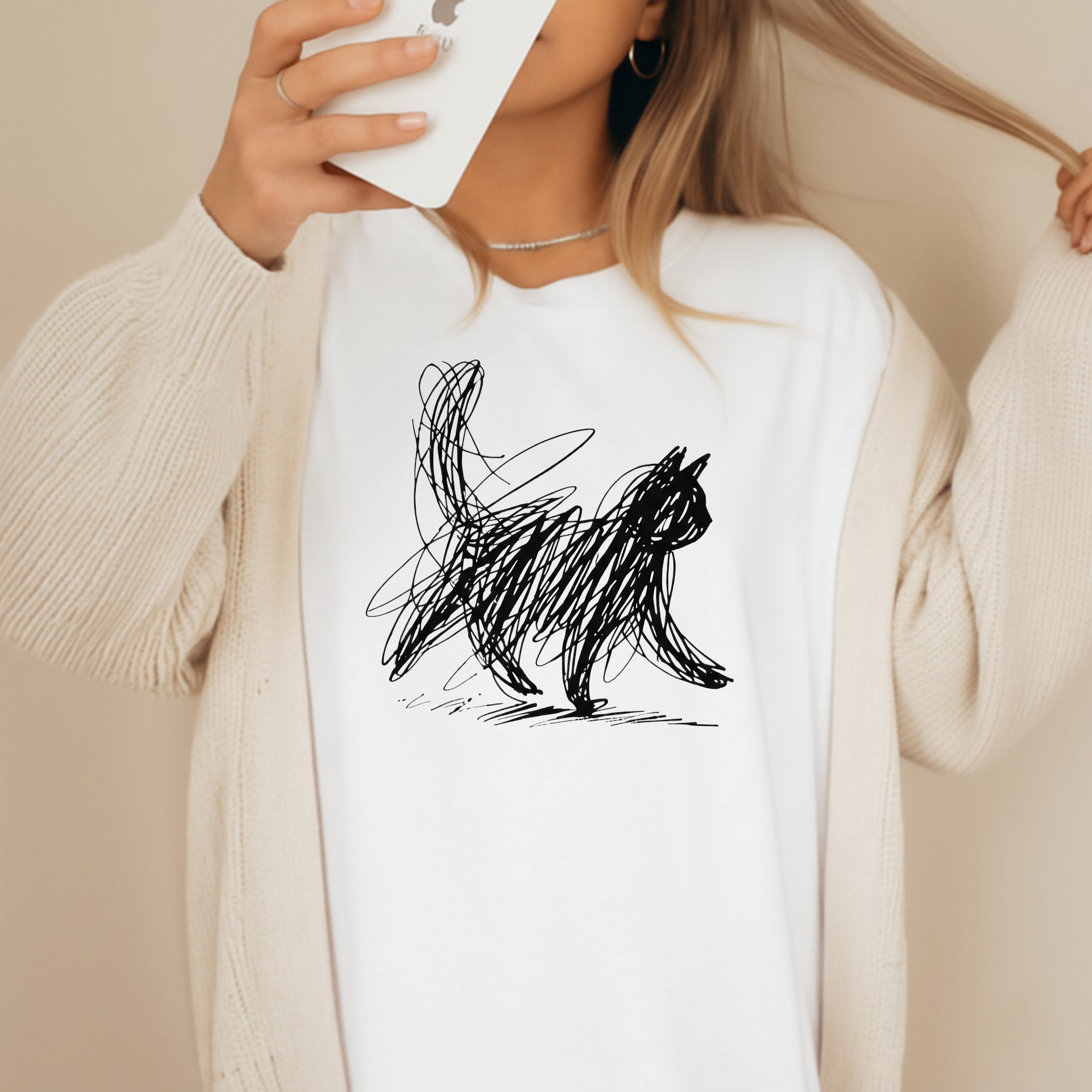 Abstract Cat Sketch Drawing on White T-shirt