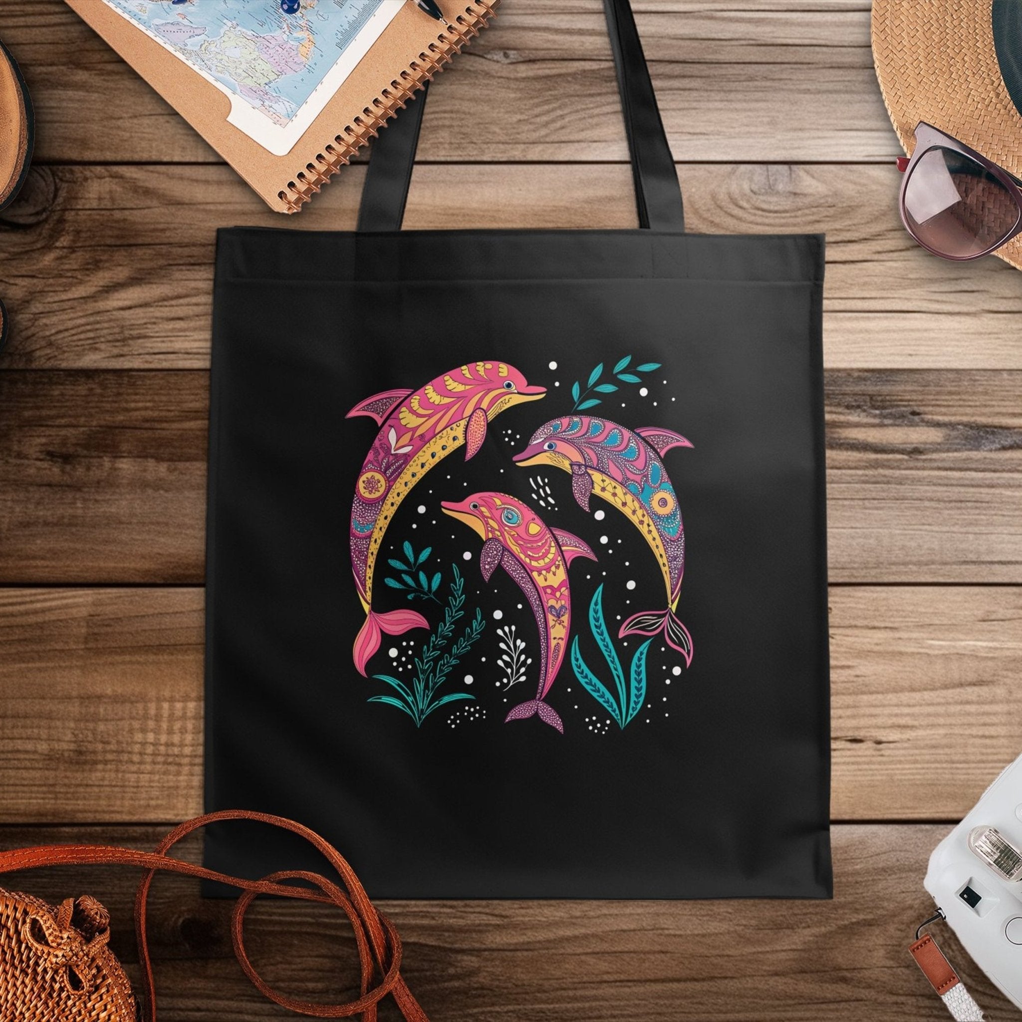 Colorful Artistic Dolphin Tote Bag, Beach Tote Bag, Reusable Shopping Bag, Large Capacity Beach Bag, Ocean Life Design Tote - Craig Michael Design