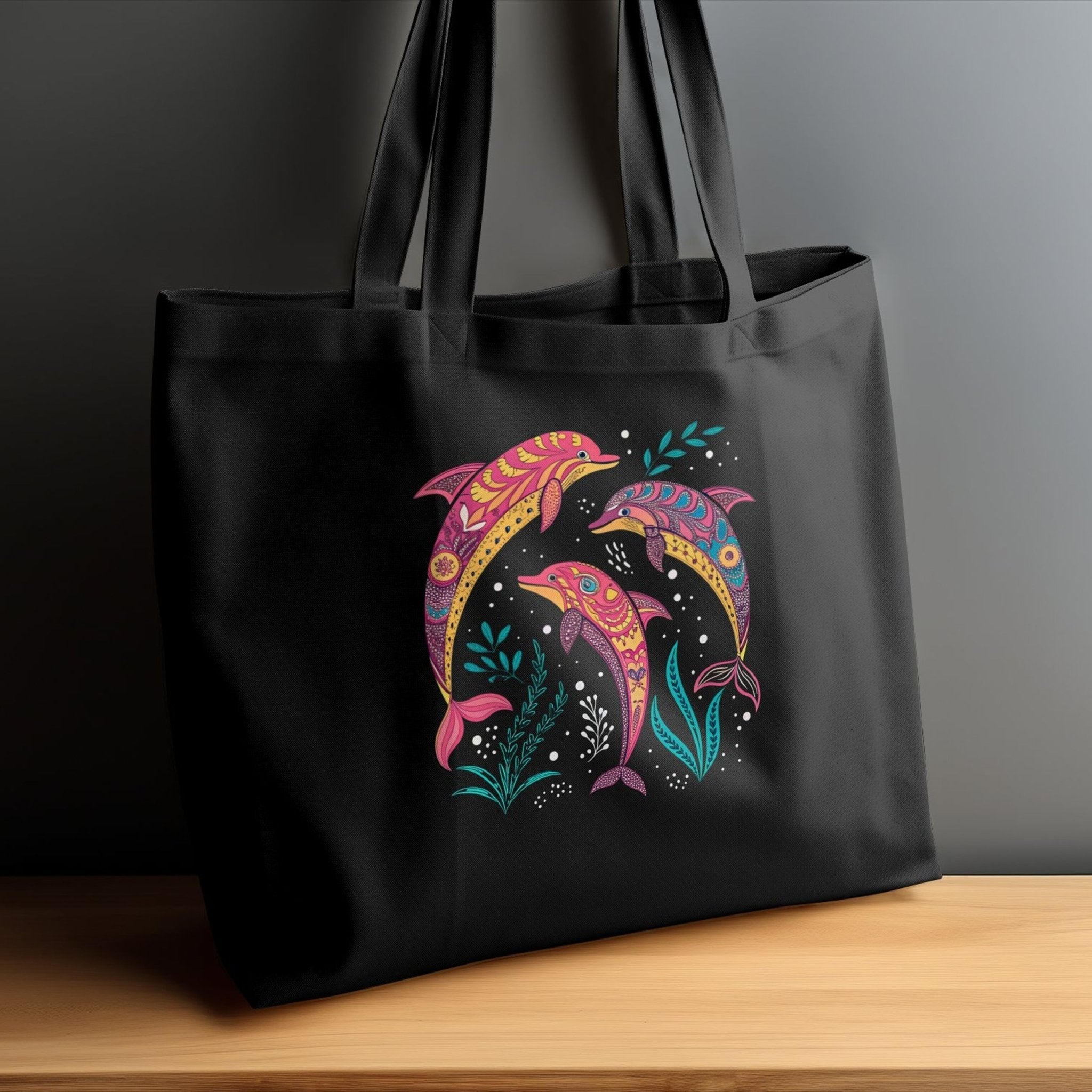 Colorful Artistic Dolphin Tote Bag, Beach Tote Bag, Reusable Shopping Bag, Large Capacity Beach Bag, Ocean Life Design Tote - Craig Michael Design