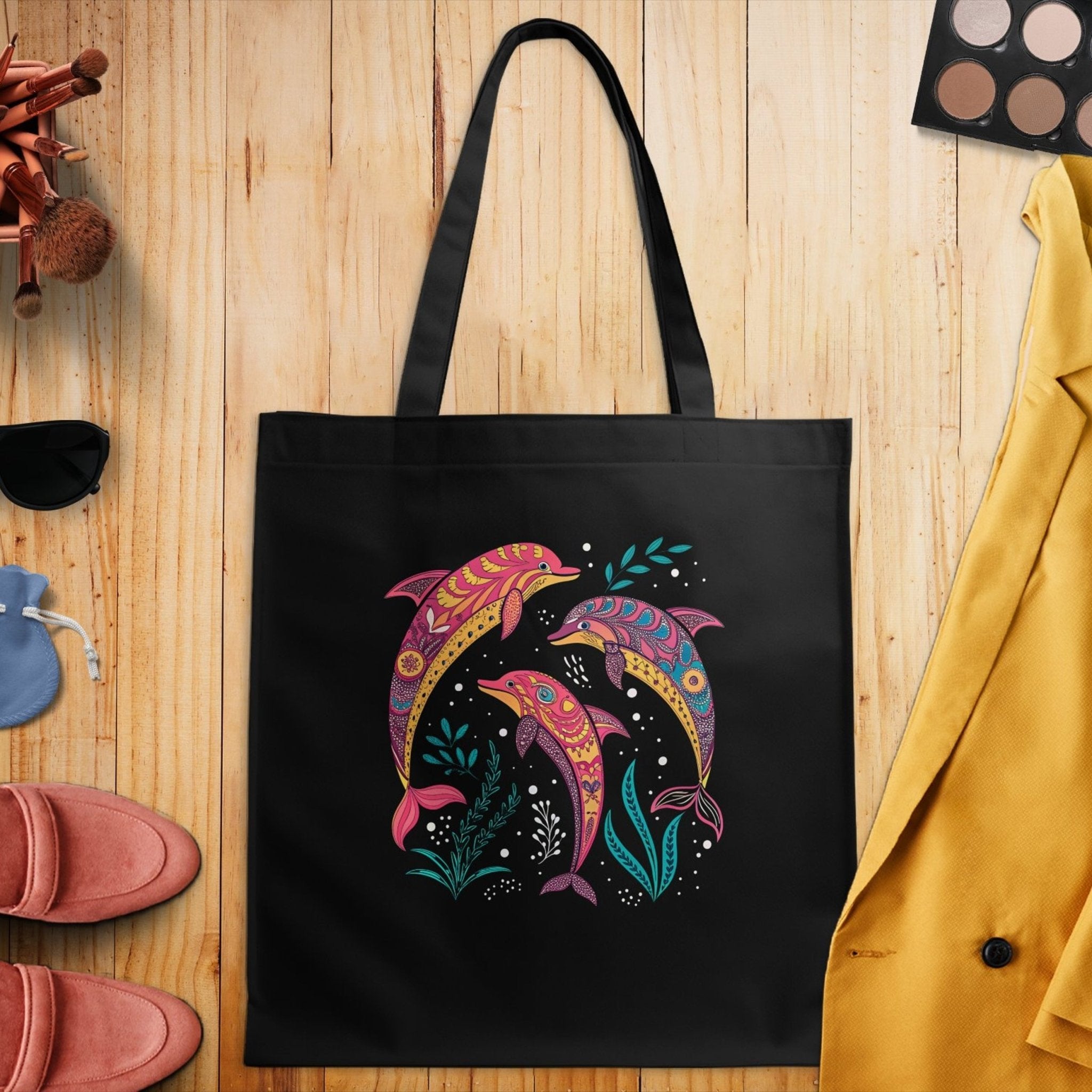 Colorful Artistic Dolphin Tote Bag, Beach Tote Bag, Reusable Shopping Bag, Large Capacity Beach Bag, Ocean Life Design Tote - Craig Michael Design