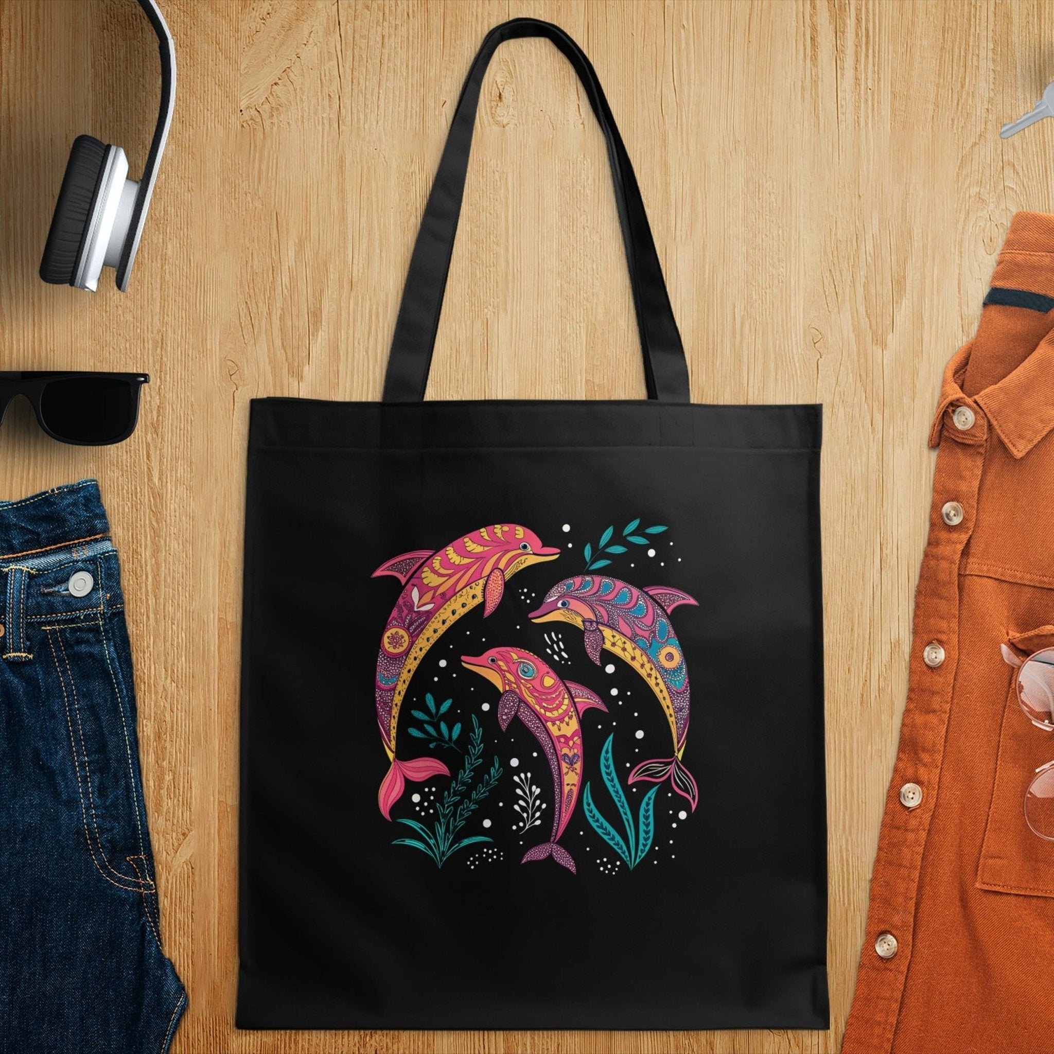 Colorful Artistic Dolphin Tote Bag, Beach Tote Bag, Reusable Shopping Bag, Large Capacity Beach Bag, Ocean Life Design Tote - Craig Michael Design