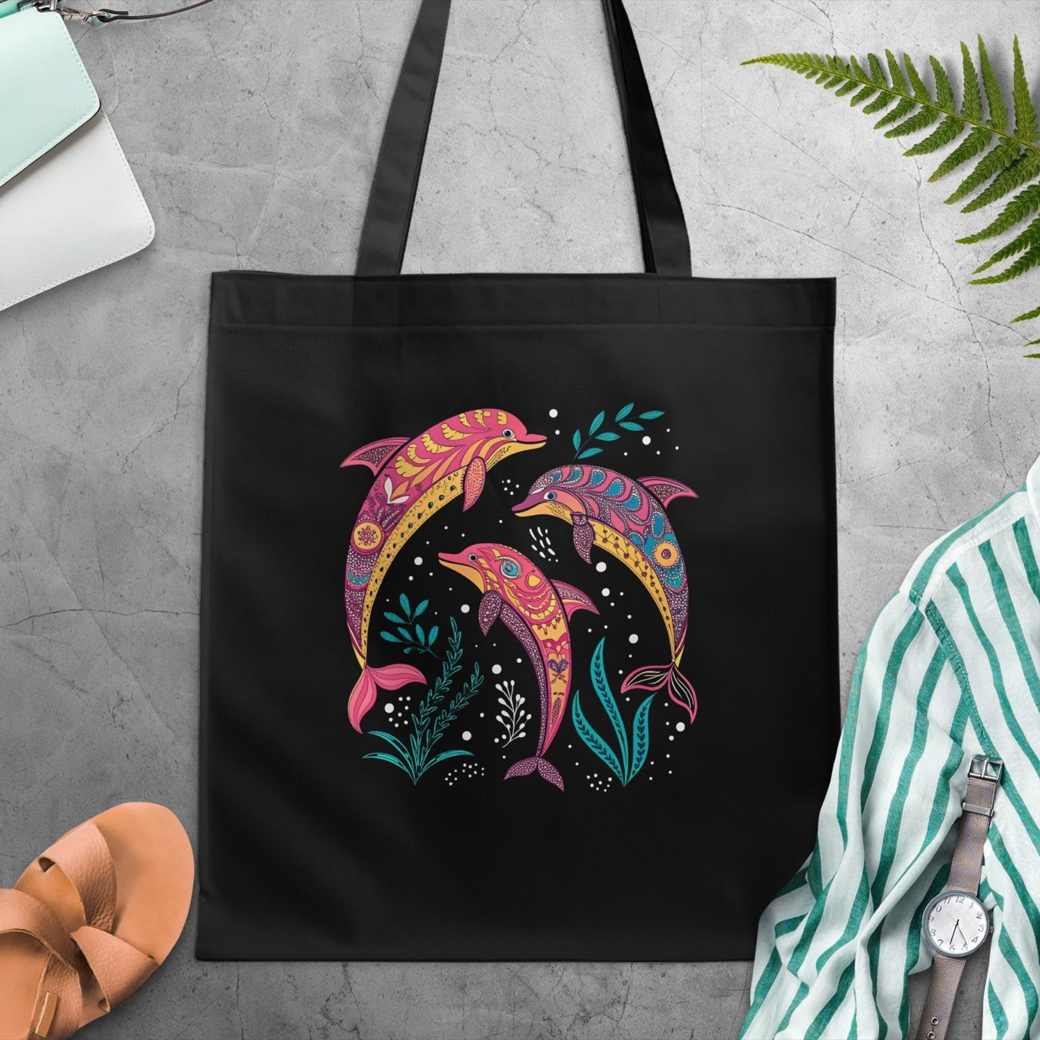 Colorful Artistic Dolphin Tote Bag, Beach Tote Bag, Reusable Shopping Bag, Large Capacity Beach Bag, Ocean Life Design Tote - Craig Michael Design