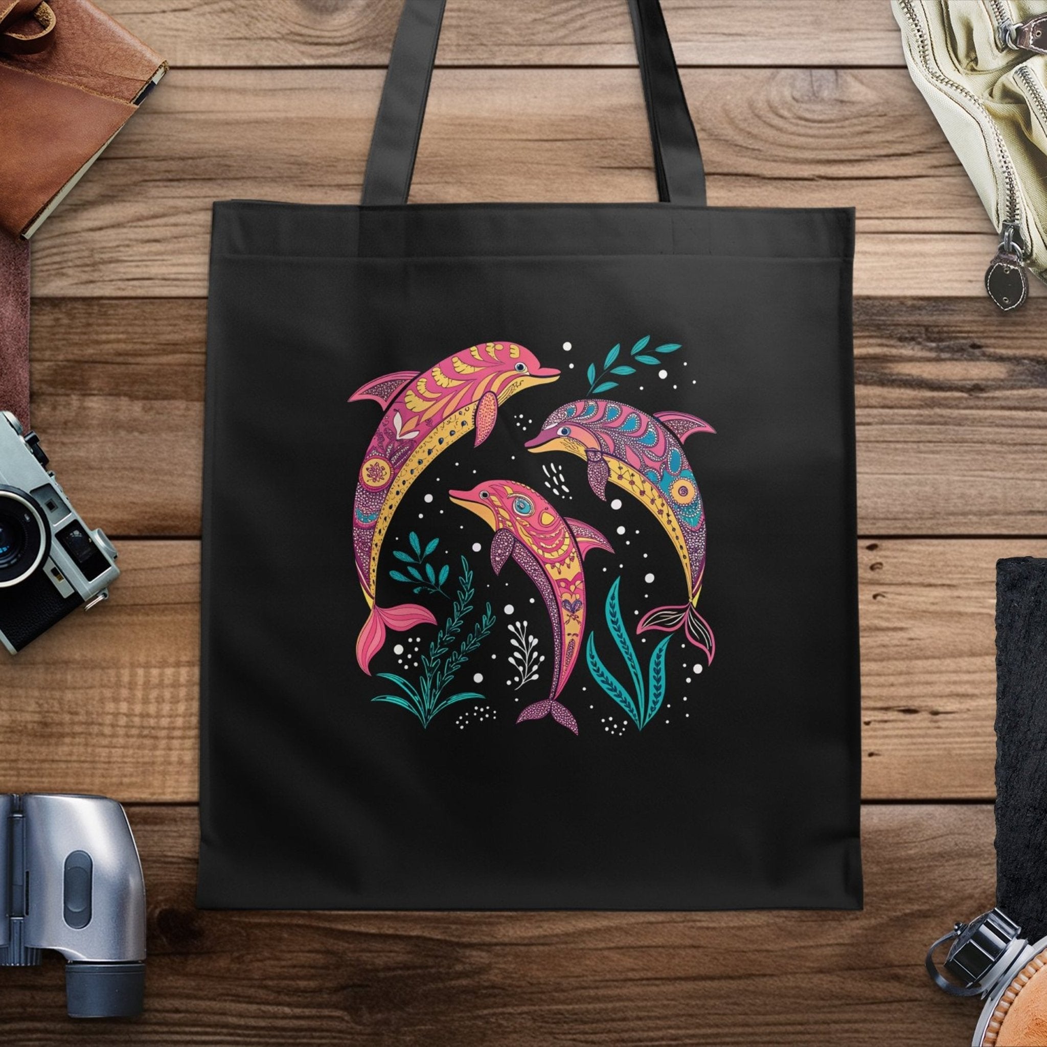 Colorful Artistic Dolphin Tote Bag, Beach Tote Bag, Reusable Shopping Bag, Large Capacity Beach Bag, Ocean Life Design Tote - Craig Michael Design