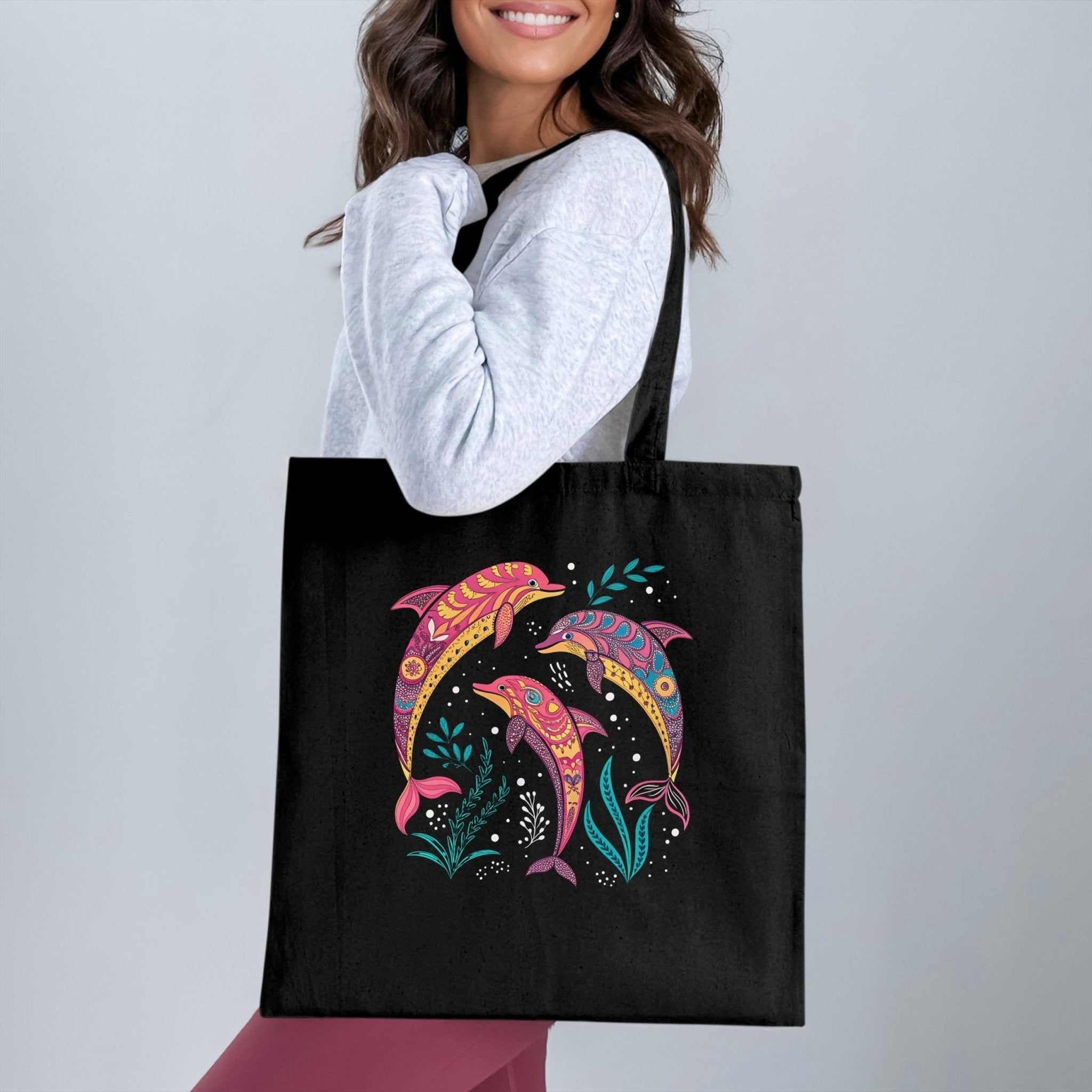 Colorful Artistic Dolphin Tote Bag, Beach Tote Bag, Reusable Shopping Bag, Large Capacity Beach Bag, Ocean Life Design Tote - Craig Michael Design