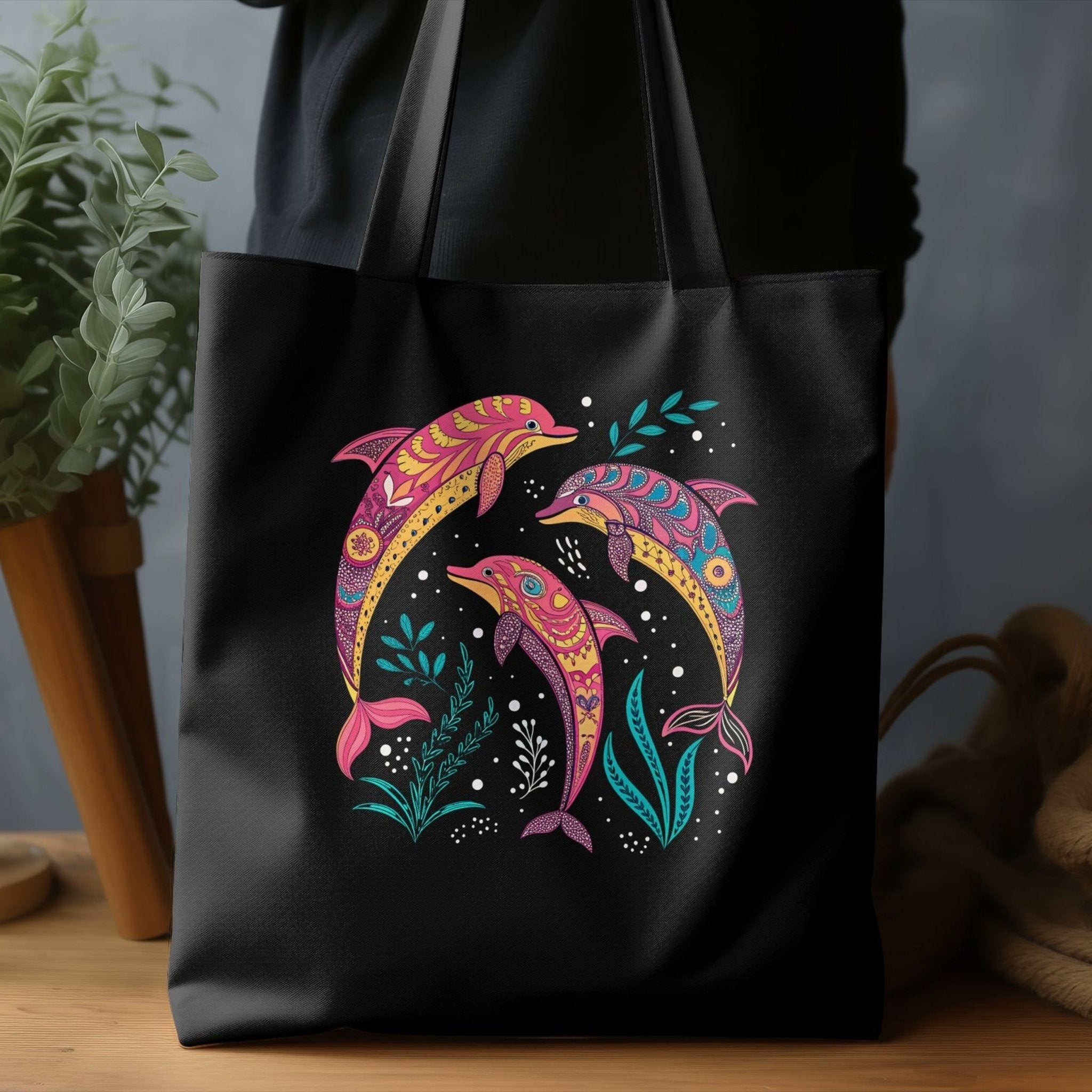 Colorful Artistic Dolphin Tote Bag, Beach Tote Bag, Reusable Shopping Bag, Large Capacity Beach Bag, Ocean Life Design Tote - Craig Michael Design