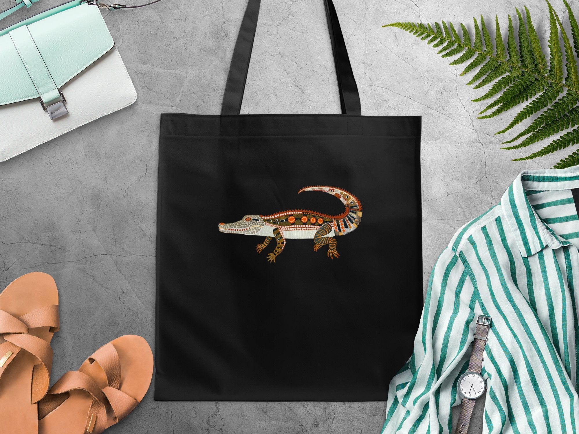 Colorful Australian Crocodile Art Tote Bag, Unique Reptile Design, Eco - Friendly Reusable Shopping Tote, Wildlife Lovers Gift - Craig Michael Design