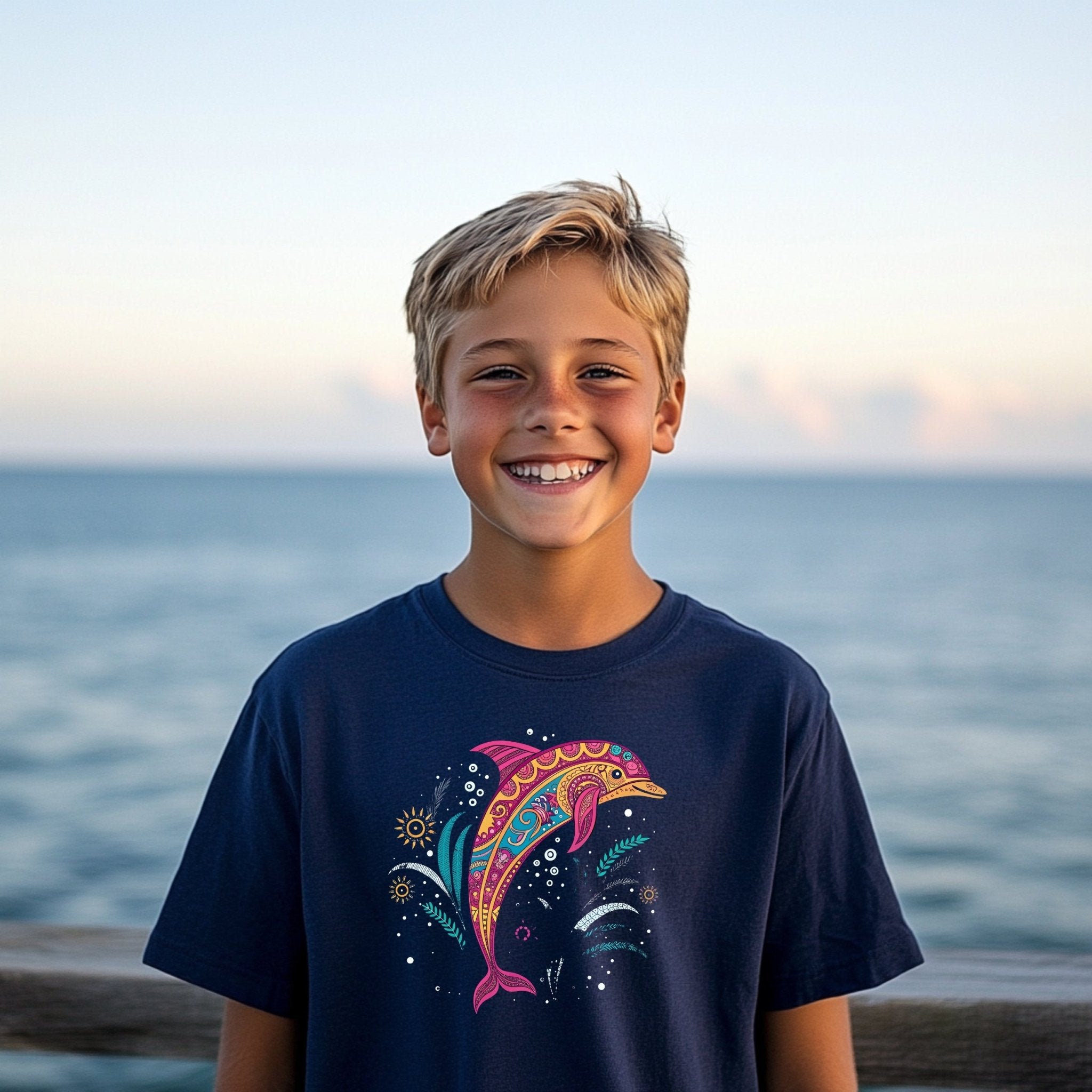 Colorful Dolphin Design Youth T-Shirt, Fun Kids Short Sleeve Shirt, Nautical Ocean Graphic Tee, Boys and Girls Summer Outfit - Craig Michael Design