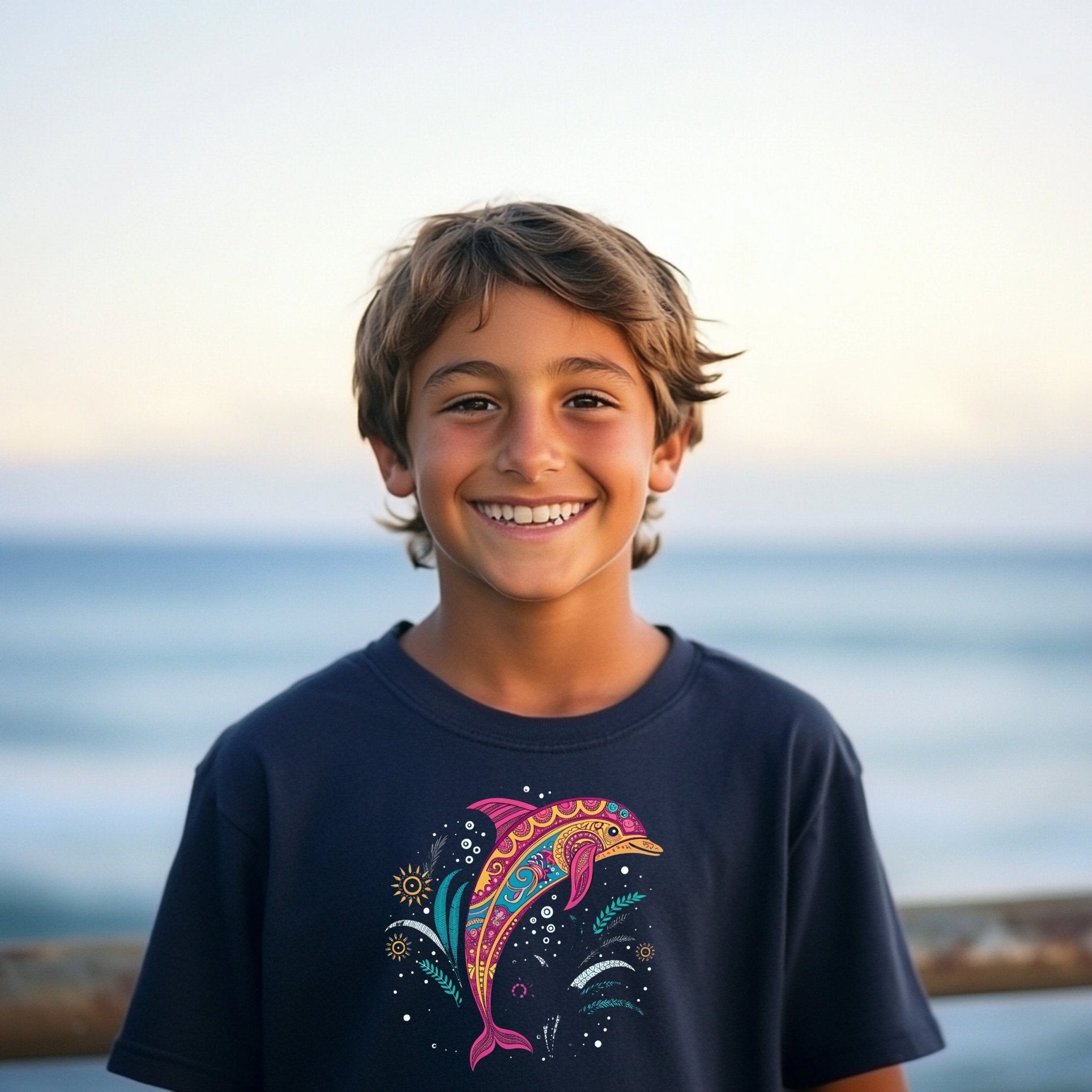 Colorful Dolphin Design Youth T-Shirt, Fun Kids Short Sleeve Shirt, Nautical Ocean Graphic Tee, Boys and Girls Summer Outfit - Craig Michael Design