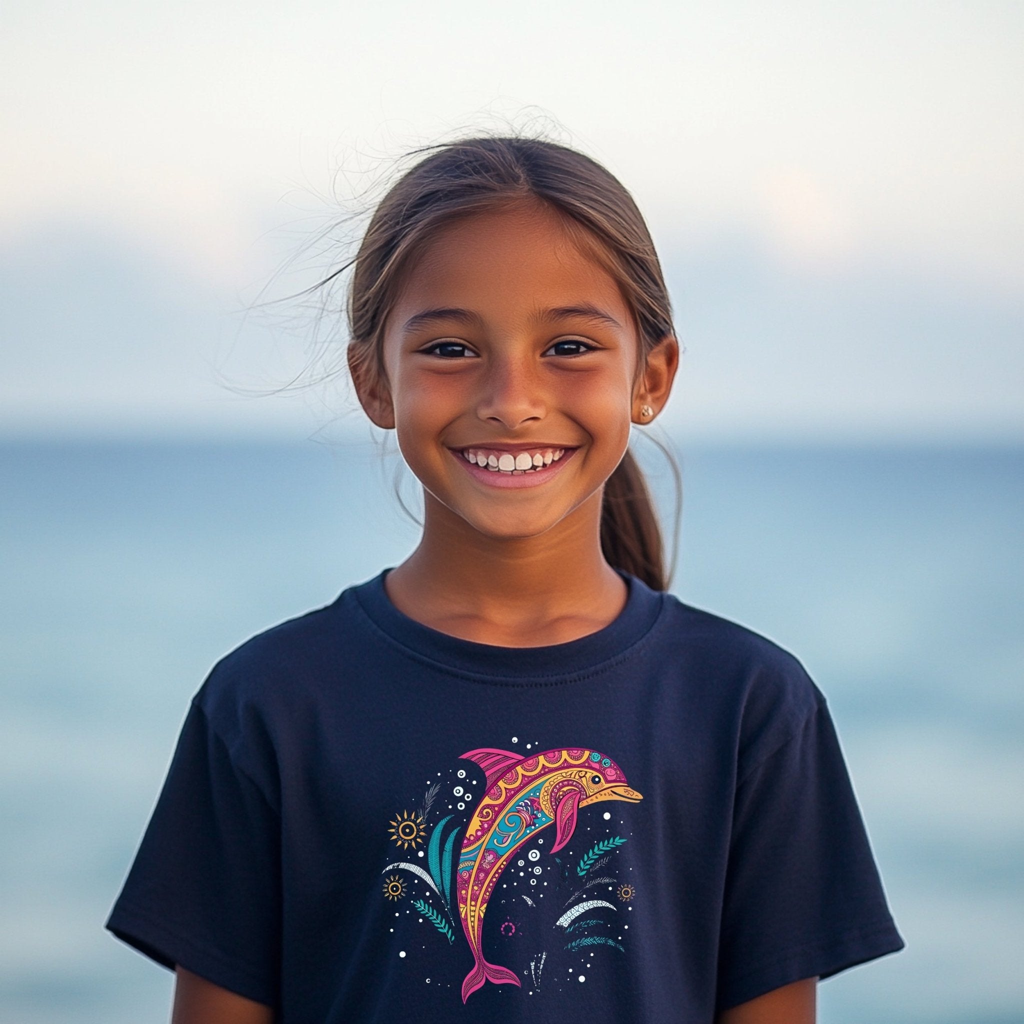 Colorful Dolphin Design Youth T-Shirt, Fun Kids Short Sleeve Shirt, Nautical Ocean Graphic Tee, Boys and Girls Summer Outfit - Craig Michael Design