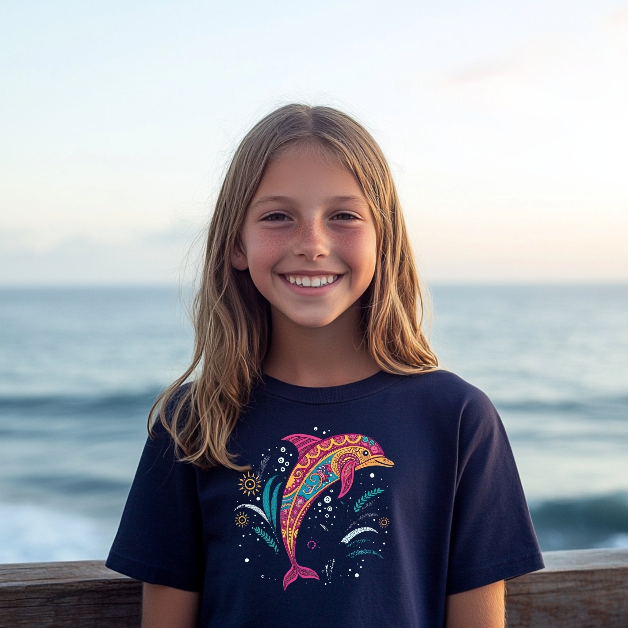 Colorful Dolphin Design Youth T-Shirt, Fun Kids Short Sleeve Shirt, Nautical Ocean Graphic Tee, Boys and Girls Summer Outfit - Craig Michael Design