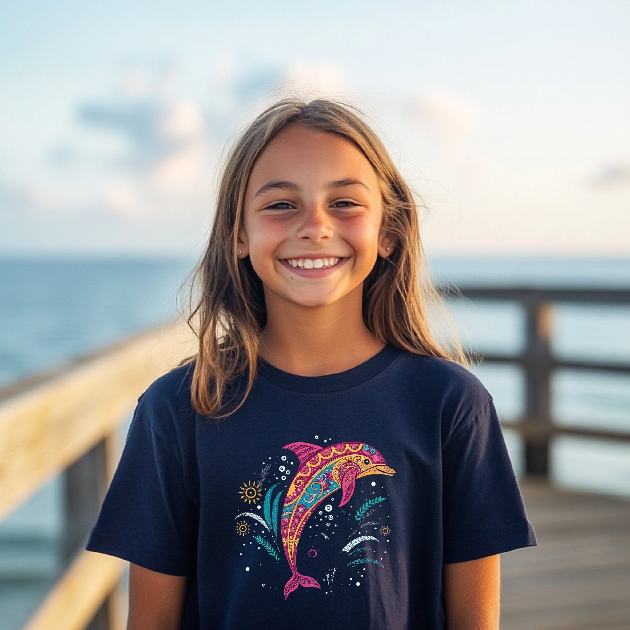 Colorful Dolphin Design Youth T-Shirt, Fun Kids Short Sleeve Shirt, Nautical Ocean Graphic Tee, Boys and Girls Summer Outfit - Craig Michael Design