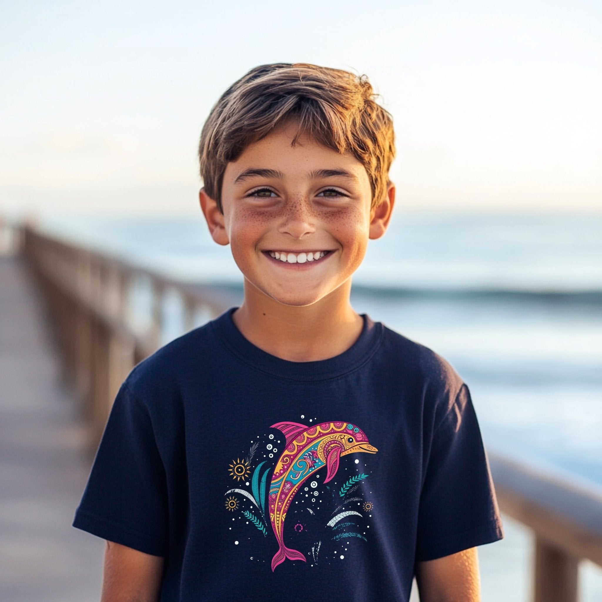 Colorful Dolphin Design Youth T-Shirt, Fun Kids Short Sleeve Shirt, Nautical Ocean Graphic Tee, Boys and Girls Summer Outfit - Craig Michael Design