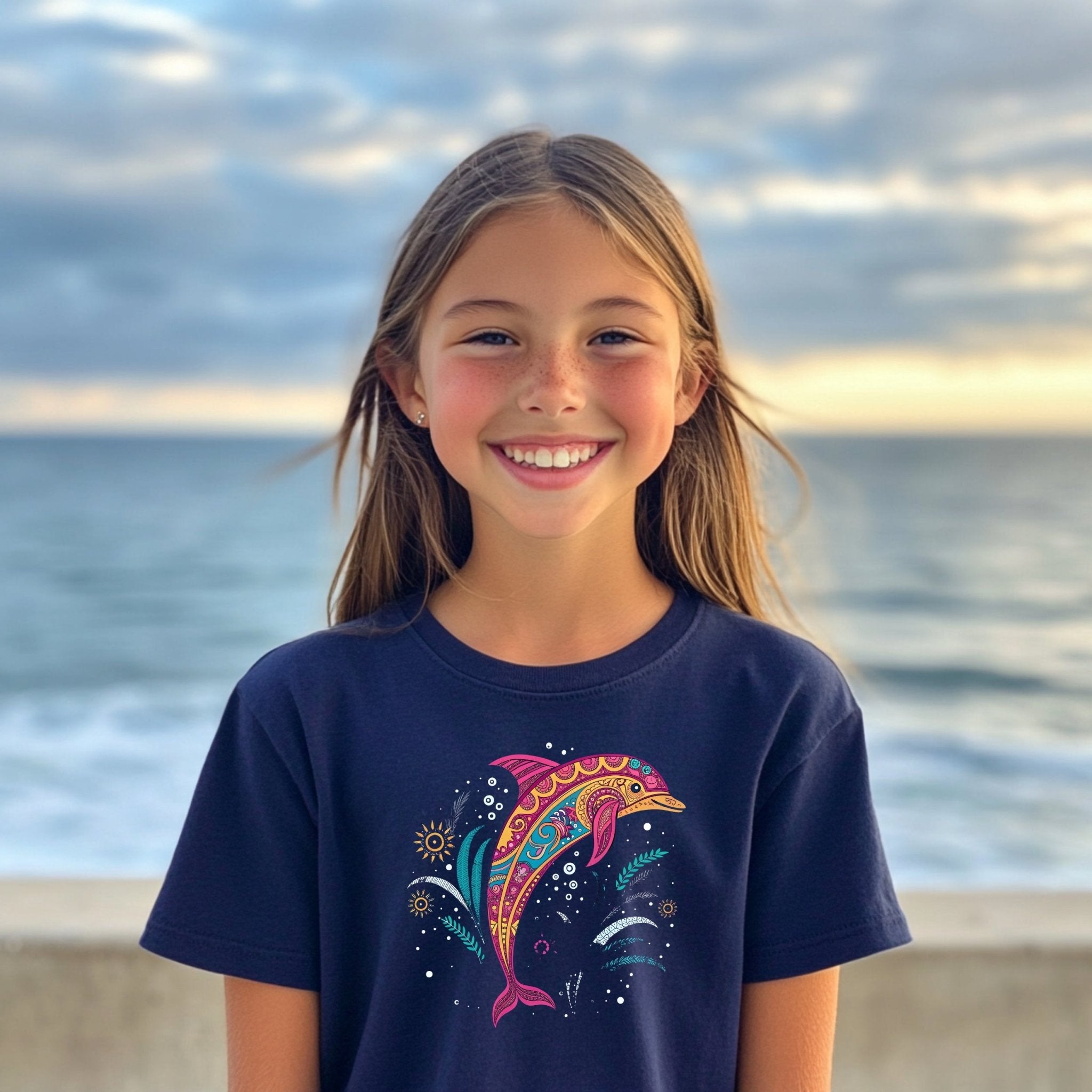 Colorful Dolphin Design Youth T-Shirt, Fun Kids Short Sleeve Shirt, Nautical Ocean Graphic Tee, Boys and Girls Summer Outfit - Craig Michael Design