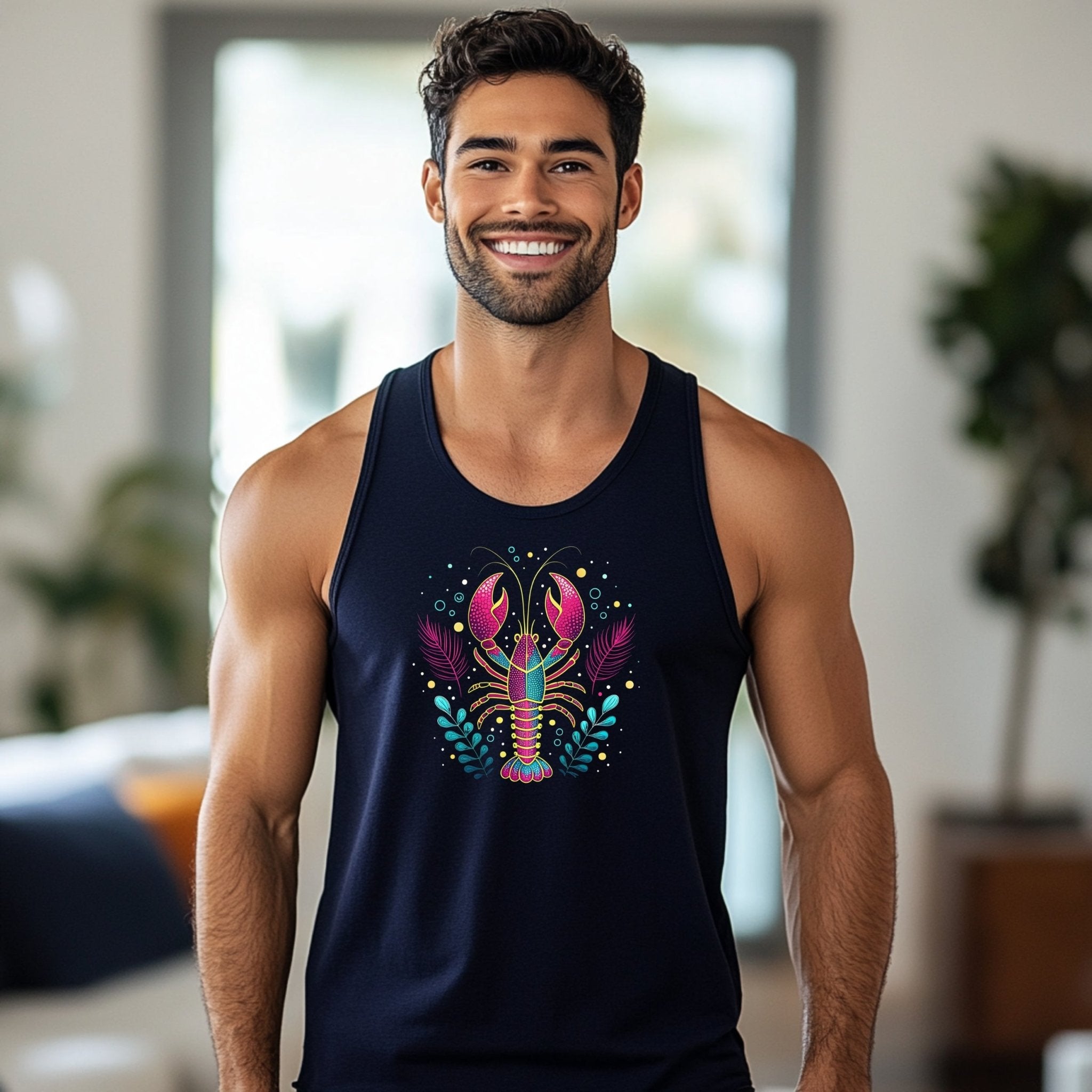 Colorful Lobster Tank Top, Great Barrier Reef Inspired Tank Top, Men's Sleeveless Summer Shirt, Casual Beachwear, Unique Marine Art - Craig Michael Design