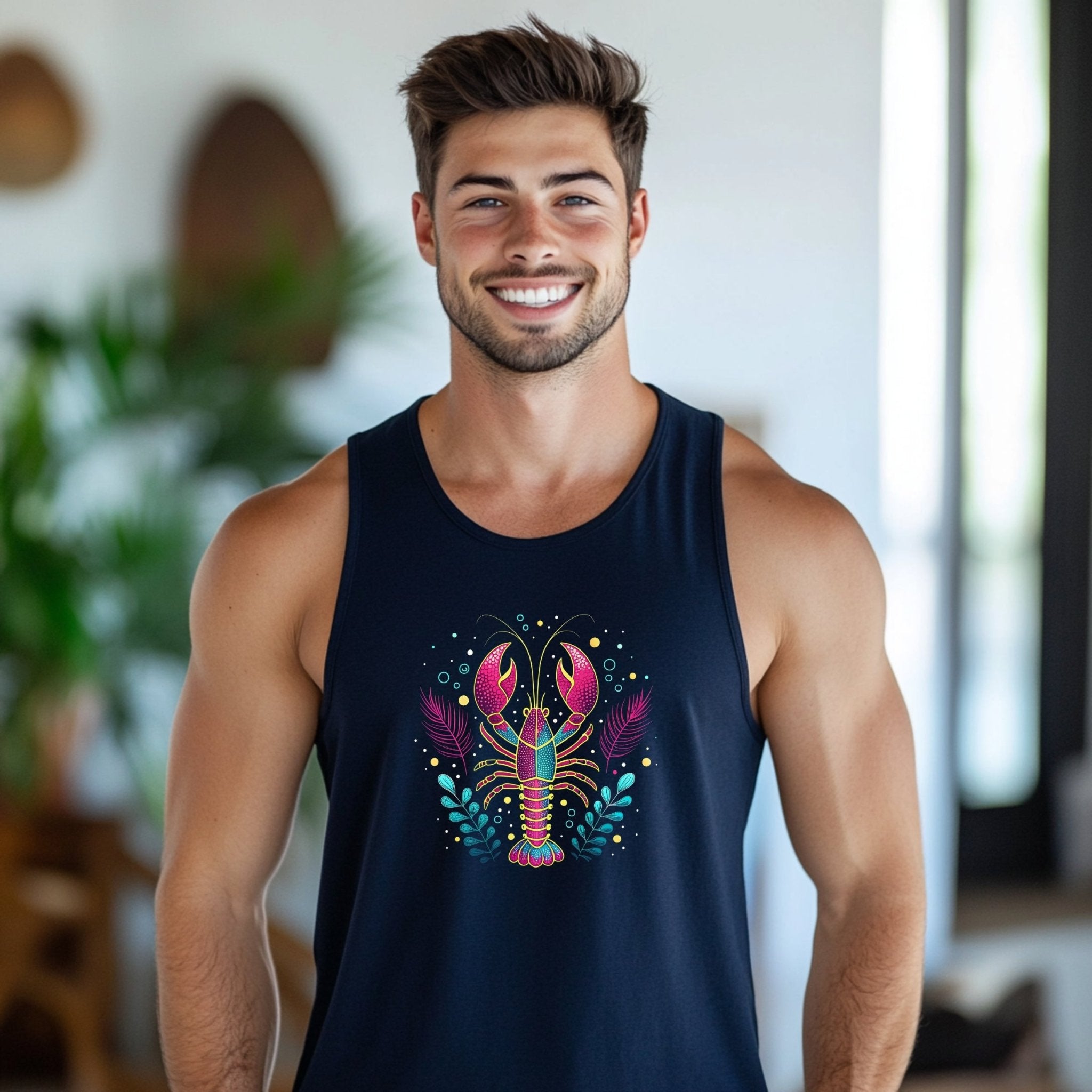 Colorful Lobster Tank Top, Great Barrier Reef Inspired Tank Top, Men's Sleeveless Summer Shirt, Casual Beachwear, Unique Marine Art - Craig Michael Design