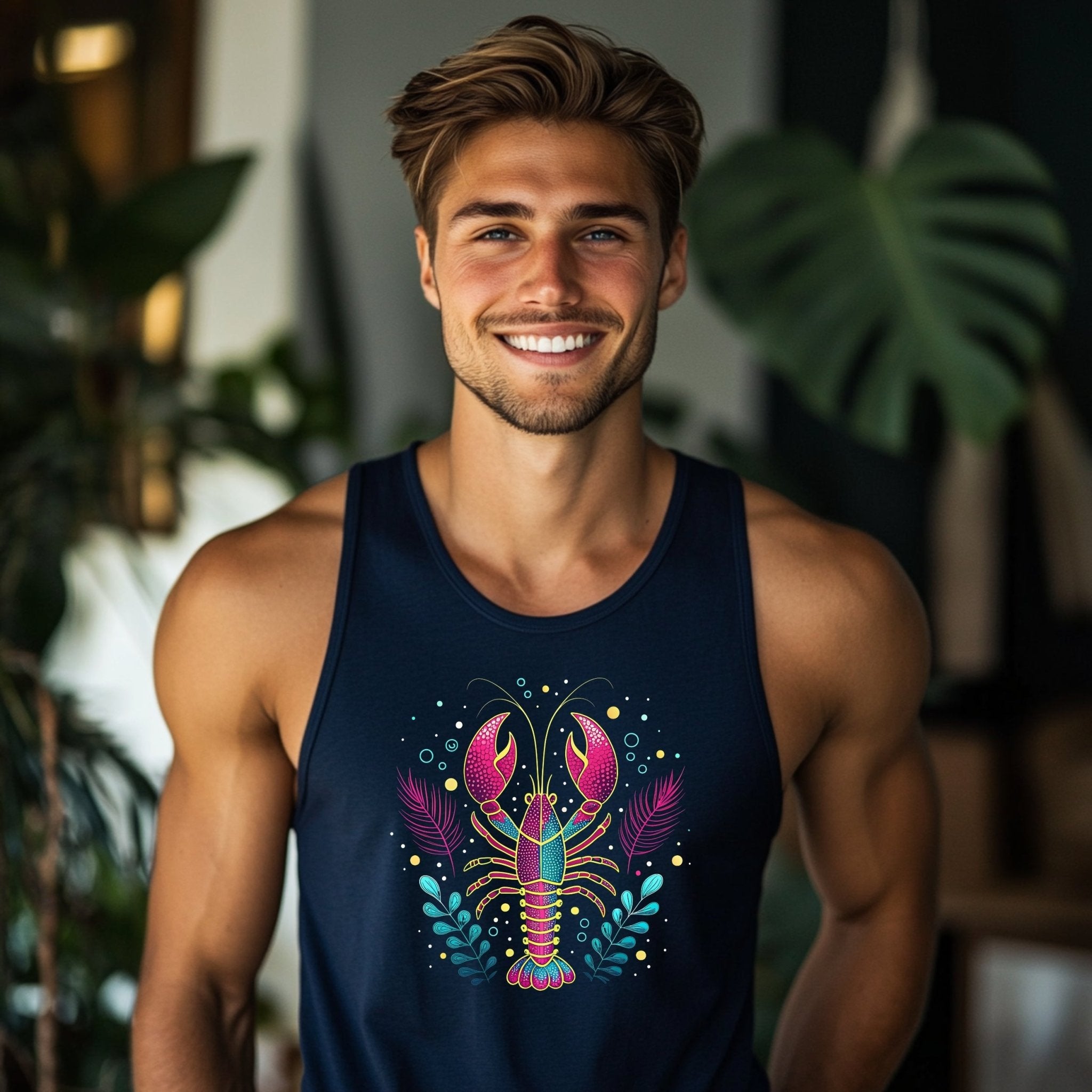 Colorful Lobster Tank Top, Great Barrier Reef Inspired Tank Top, Men's Sleeveless Summer Shirt, Casual Beachwear, Unique Marine Art - Craig Michael Design