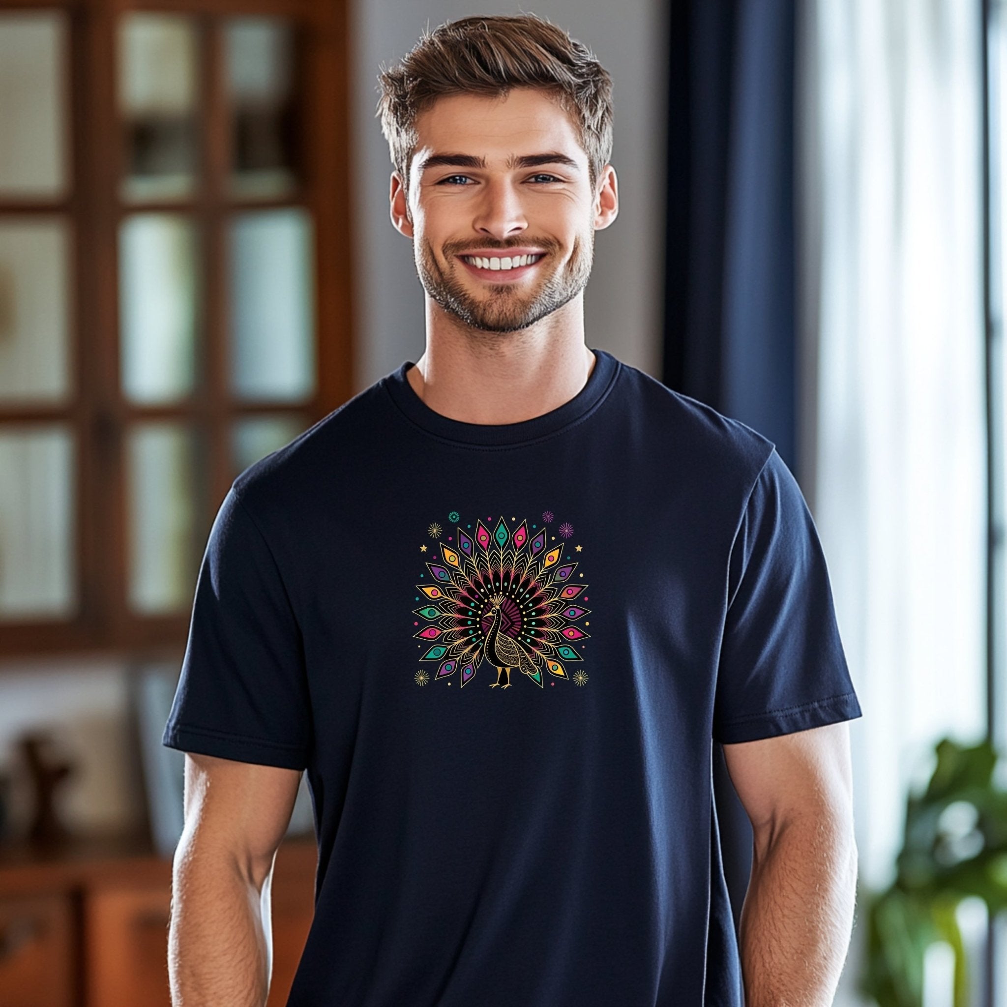 Colorful Peacock Graphic Tee, Artistic Peacock T-Shirt, Vibrant Peacock Design Shirt, Peacock Art Tee, Unique Peacock Print Top - Craig Michael Design