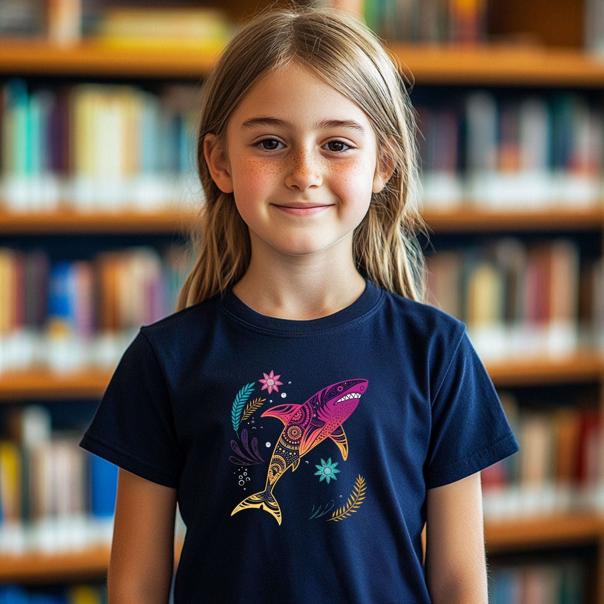 Colorful shark print youth tee, unique ocean animal design t-shirt for kids, summer fashion short sleeve shirt - Craig Michael Design