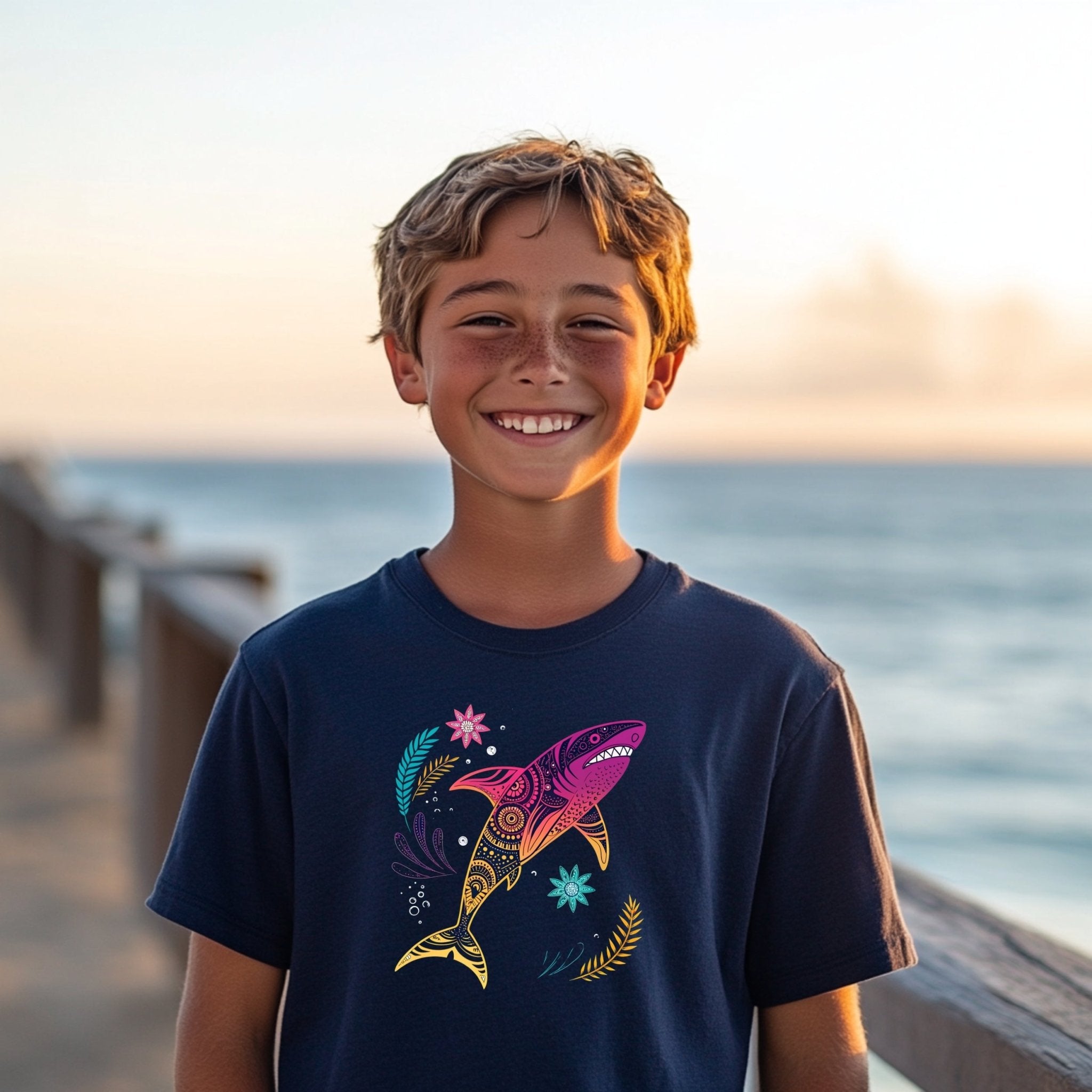 Colorful shark print youth tee, unique ocean animal design t-shirt for kids, summer fashion short sleeve shirt - Craig Michael Design