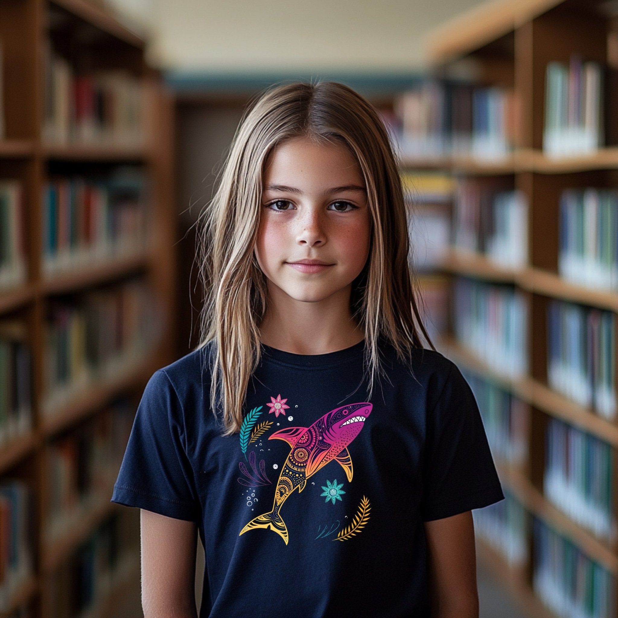 Colorful shark print youth tee, unique ocean animal design t-shirt for kids, summer fashion short sleeve shirt - Craig Michael Design