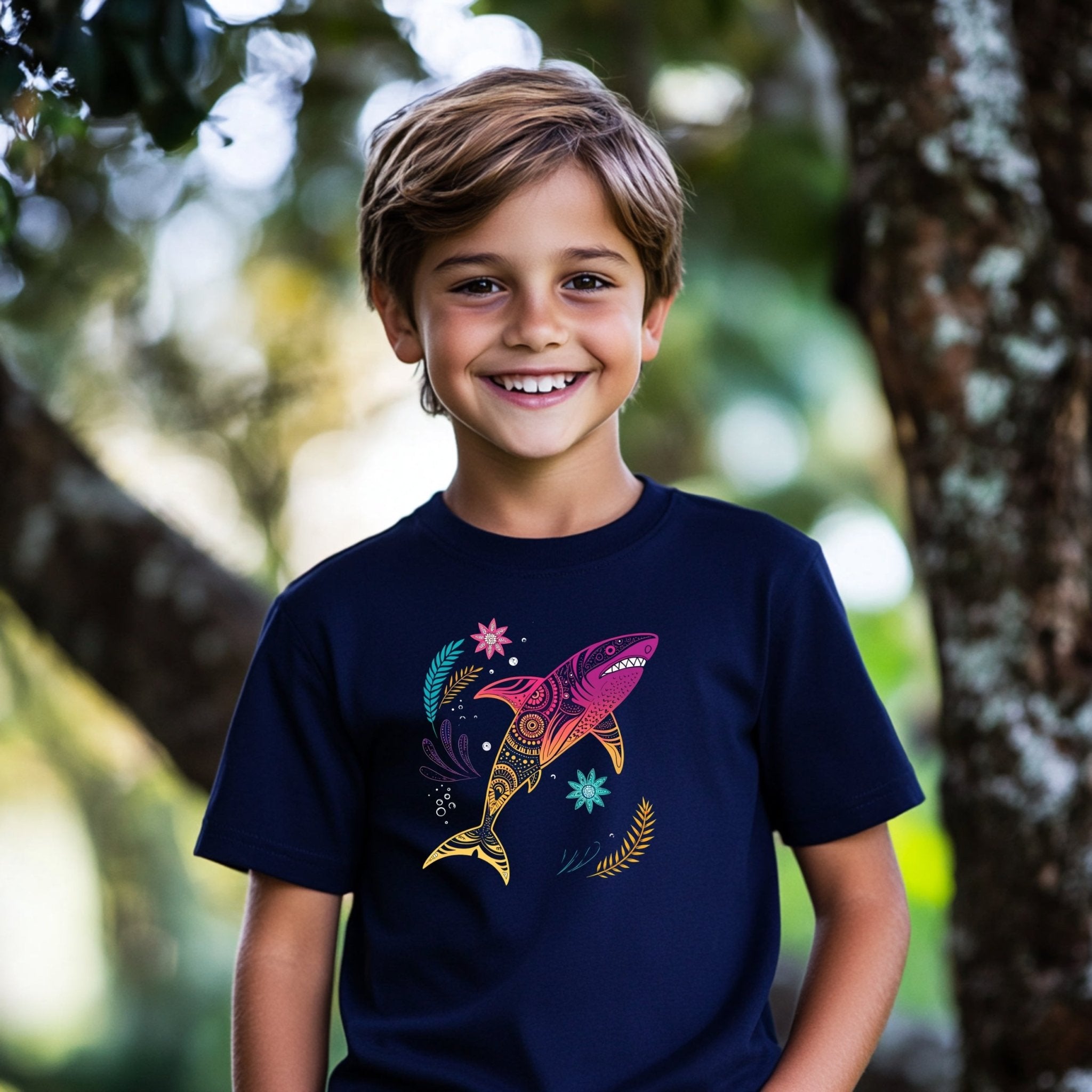Colorful shark print youth tee, unique ocean animal design t-shirt for kids, summer fashion short sleeve shirt - Craig Michael Design