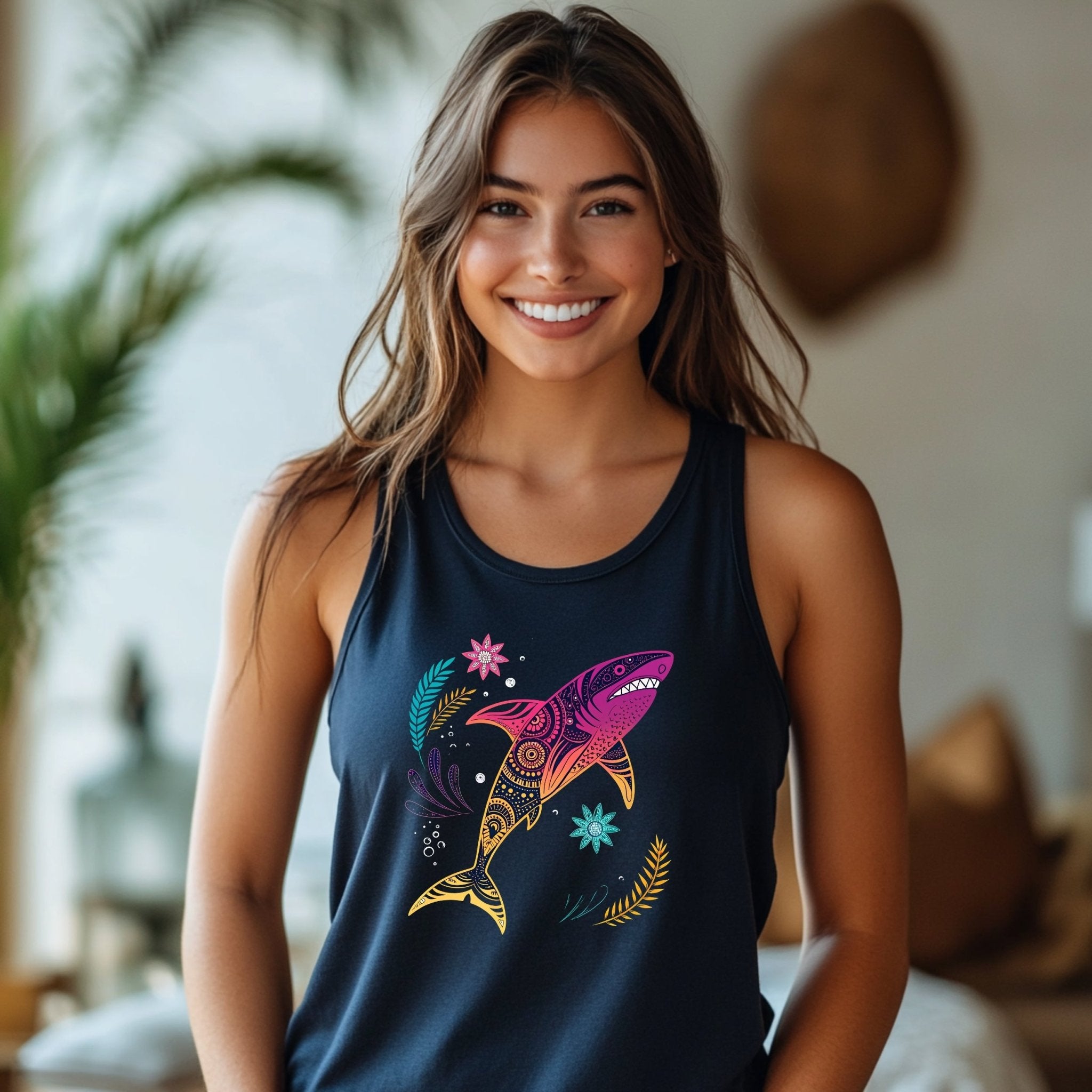 Colorful Shark Tank Top, Great Barrier Reef Inspired Tank, Women's Fun Graphic Tank, Beachwear Tank Top, Nature Inspired Design - Craig Michael Design