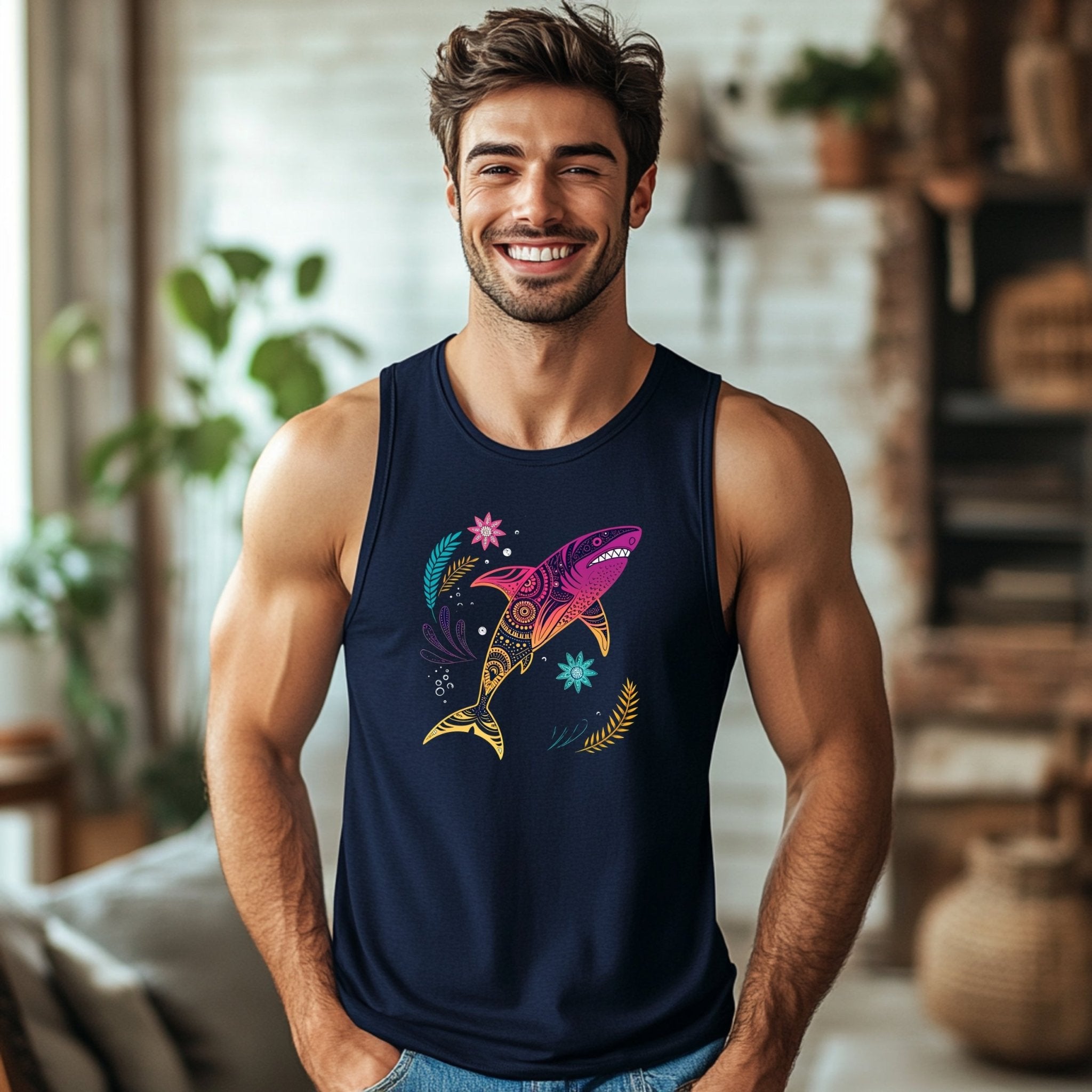 Colorful Shark Tank Top, Great Barrier Reef Inspired Tank, Women's Fun Graphic Tank, Beachwear Tank Top, Nature Inspired Design - Craig Michael Design