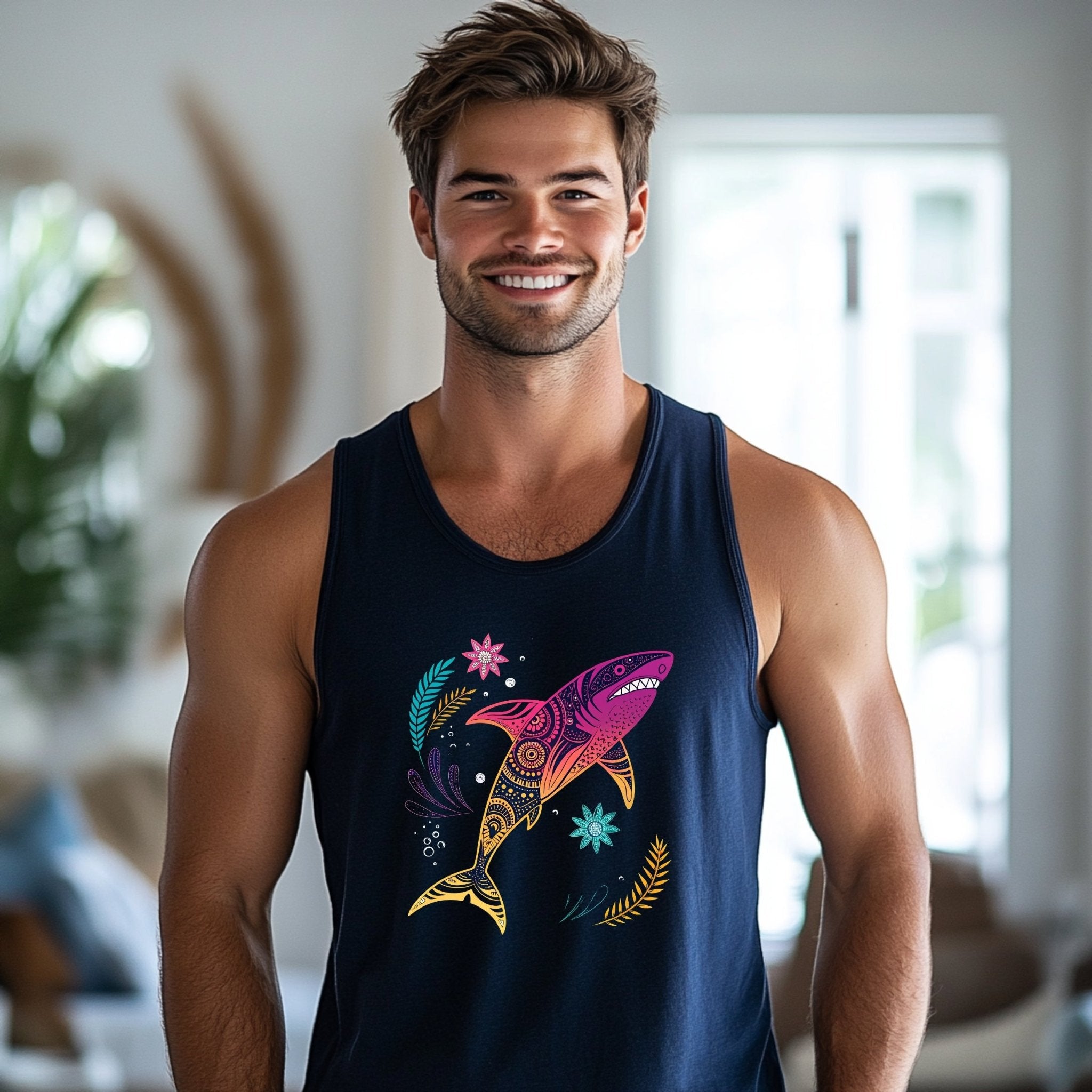 Colorful Shark Tank Top, Great Barrier Reef Inspired Tank, Women's Fun Graphic Tank, Beachwear Tank Top, Nature Inspired Design - Craig Michael Design