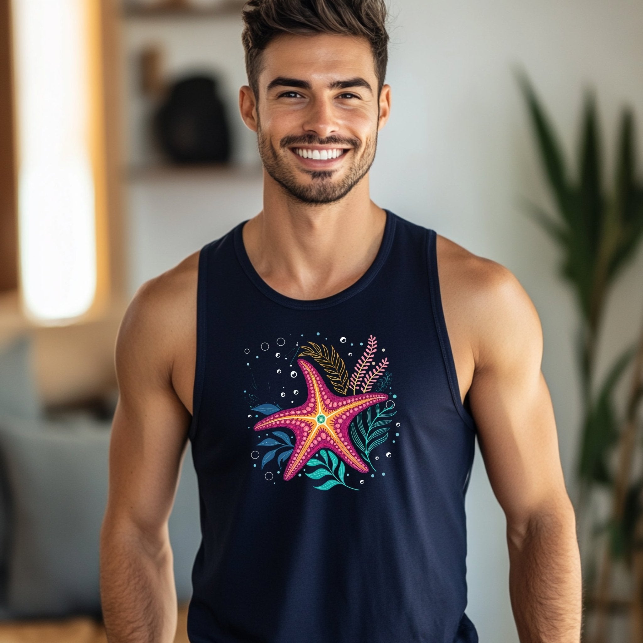 Colorful Starfish Graphic Tank Top, Summer Beachwear, Men's Sleeveless Shirt, Sea Life Inspired, Great Barrier Reef Print - Craig Michael Design