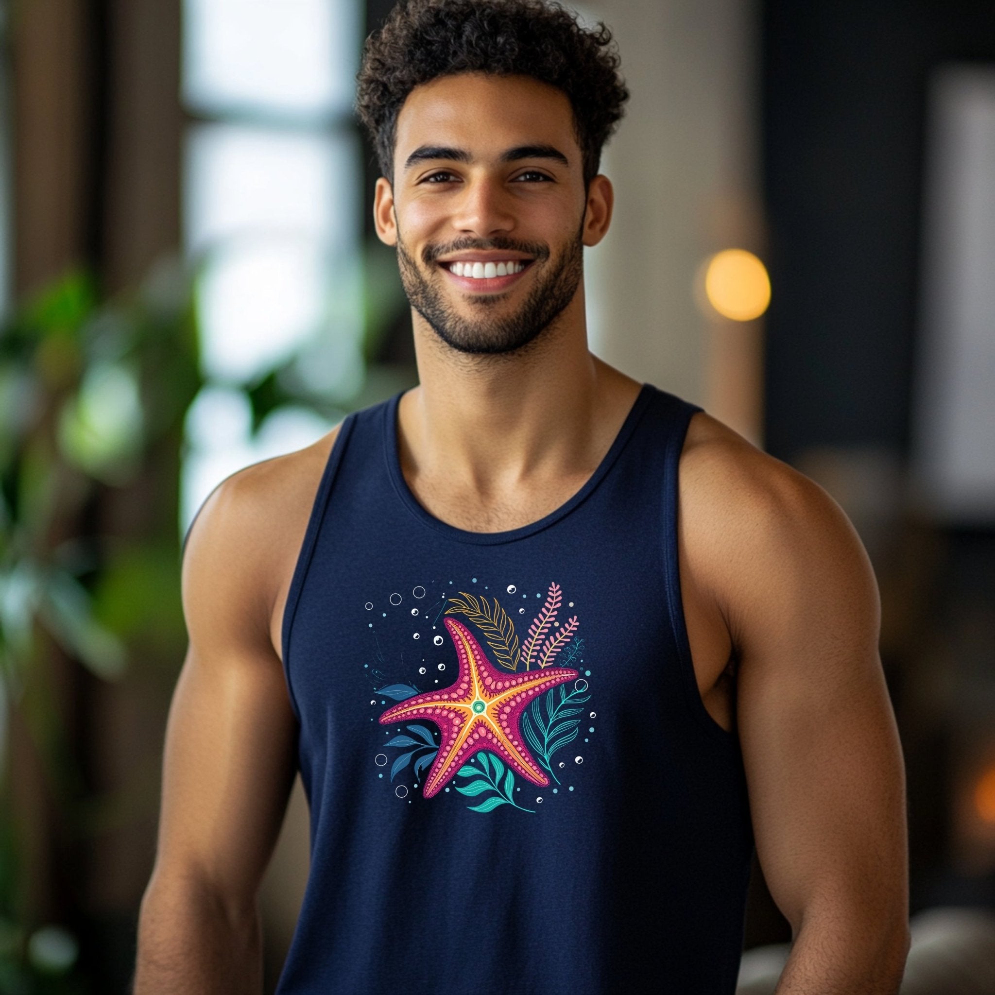 Colorful Starfish Graphic Tank Top, Summer Beachwear, Men's Sleeveless Shirt, Sea Life Inspired, Great Barrier Reef Print - Craig Michael Design