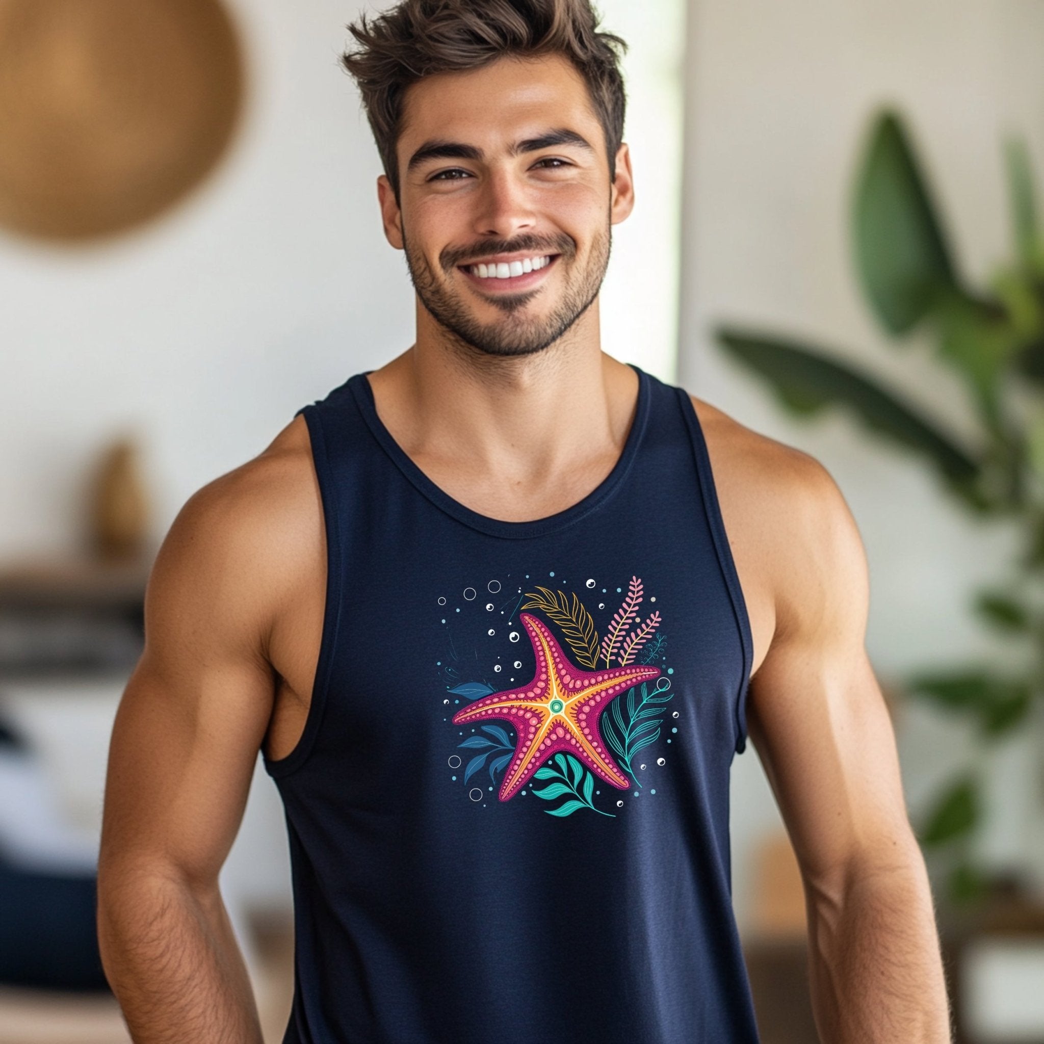 Colorful Starfish Graphic Tank Top, Summer Beachwear, Men's Sleeveless Shirt, Sea Life Inspired, Great Barrier Reef Print - Craig Michael Design