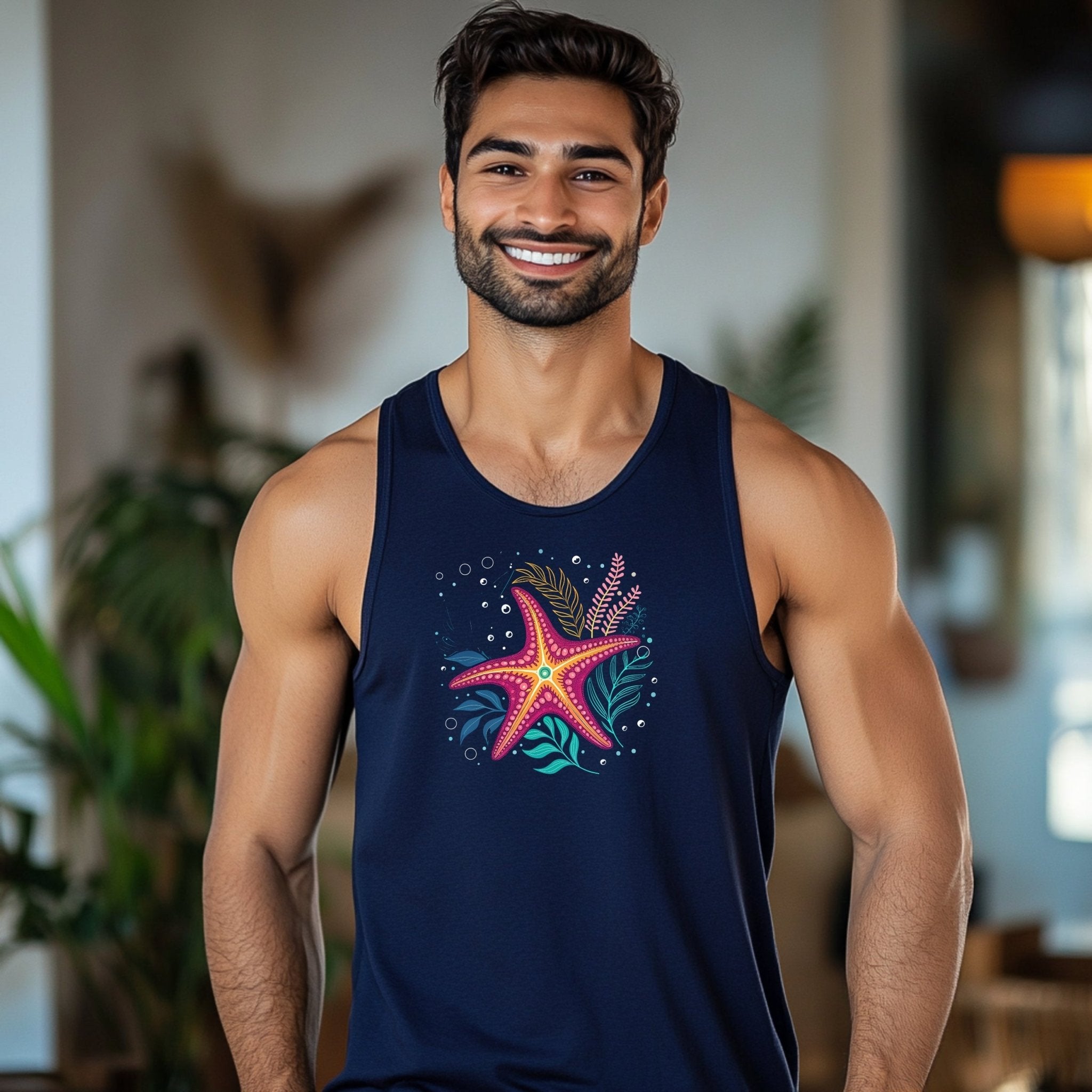 Colorful Starfish Graphic Tank Top, Summer Beachwear, Men's Sleeveless Shirt, Sea Life Inspired, Great Barrier Reef Print - Craig Michael Design