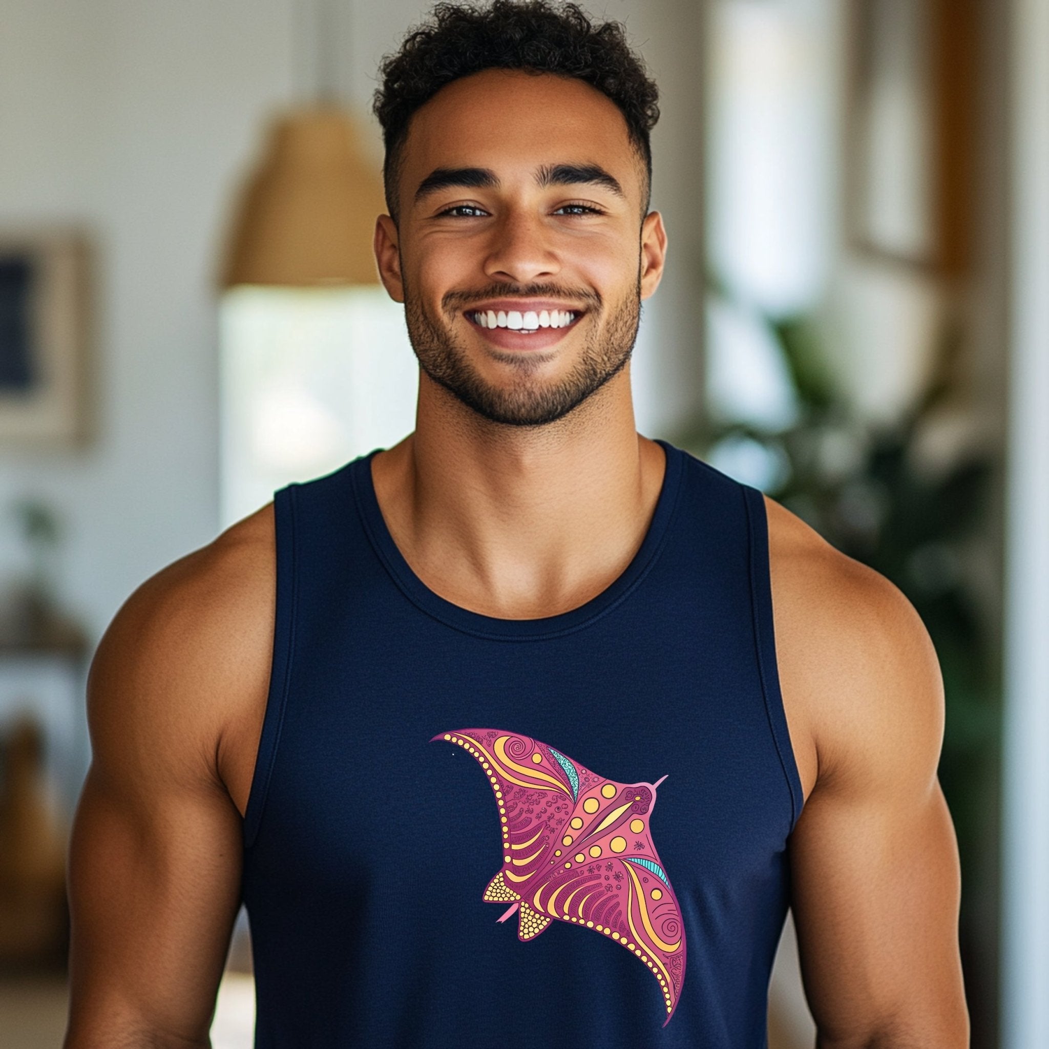 Colorful Stingray Tank Top, Great Barrier Reef Inspired Graphic, Summer Beachwear, Unique Marine Life Tee, Men's Sleeveless Shirt - Craig Michael Design