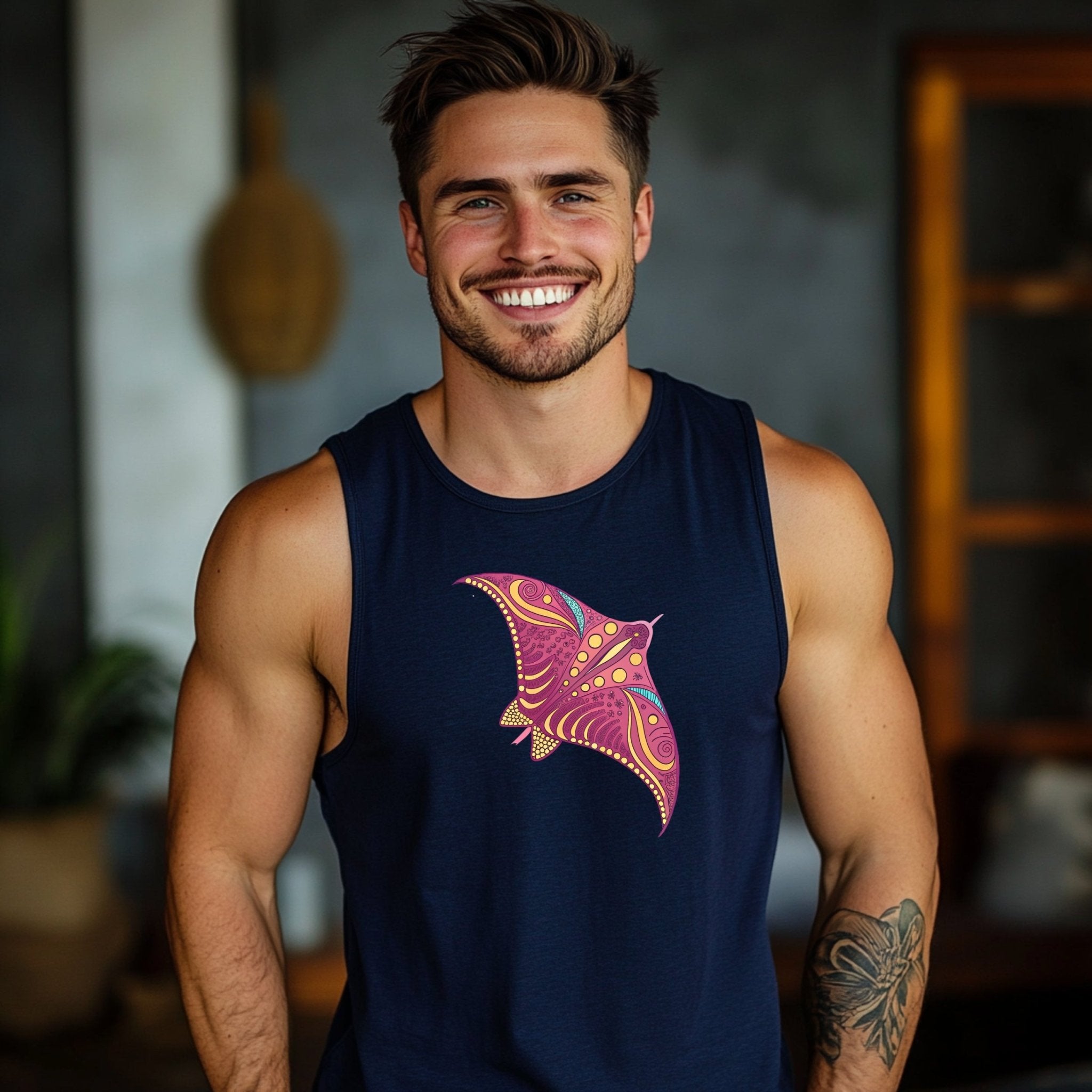 Colorful Stingray Tank Top, Great Barrier Reef Inspired Graphic, Summer Beachwear, Unique Marine Life Tee, Men's Sleeveless Shirt - Craig Michael Design