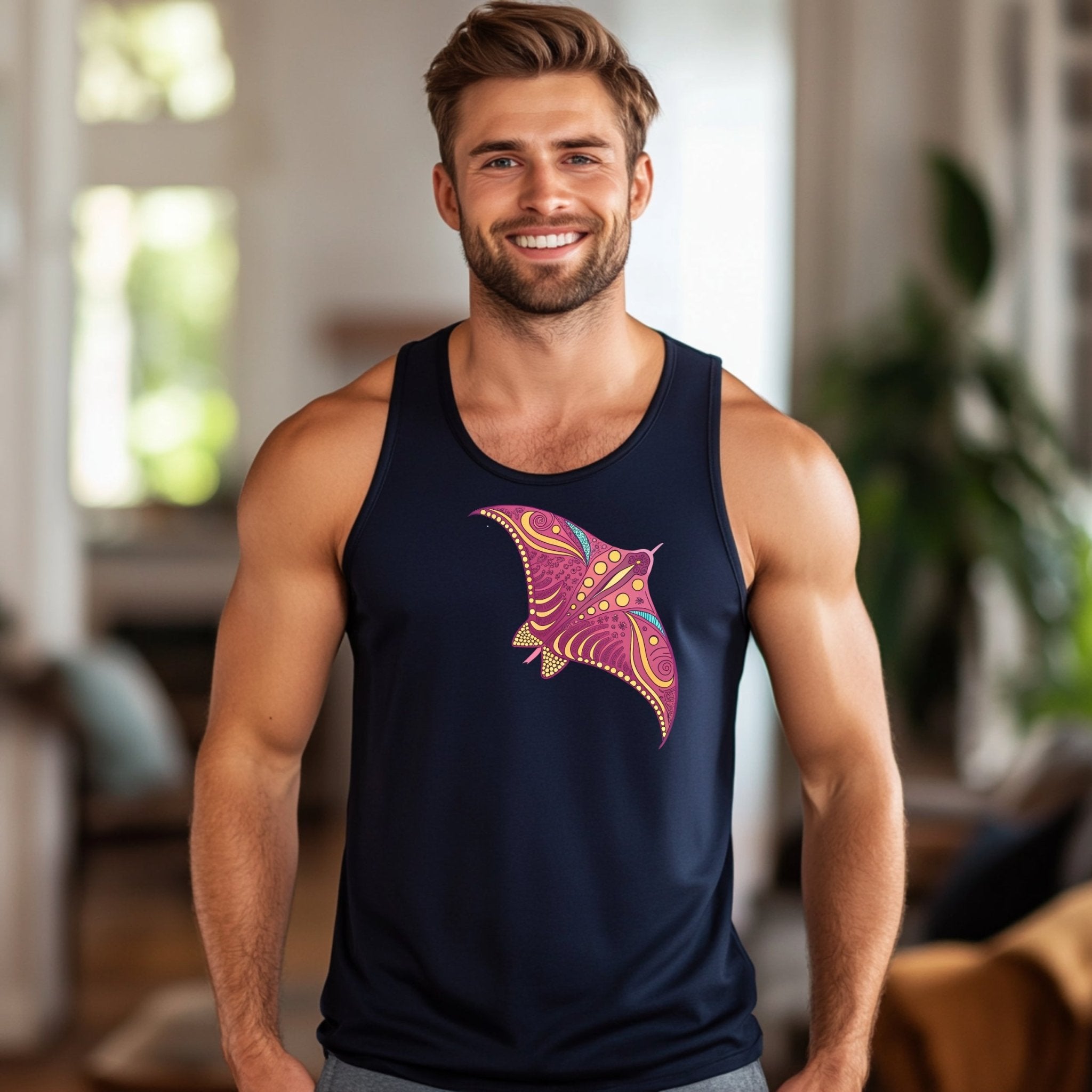 Colorful Stingray Tank Top, Great Barrier Reef Inspired Graphic, Summer Beachwear, Unique Marine Life Tee, Men's Sleeveless Shirt - Craig Michael Design