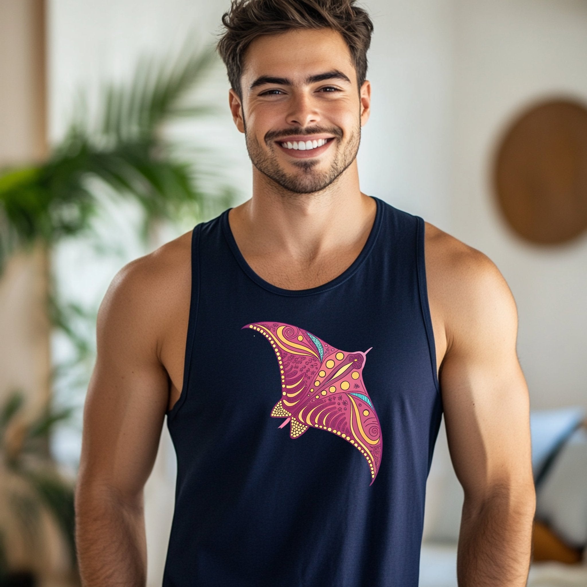 Colorful Stingray Tank Top, Great Barrier Reef Inspired Graphic, Summer Beachwear, Unique Marine Life Tee, Men's Sleeveless Shirt - Craig Michael Design