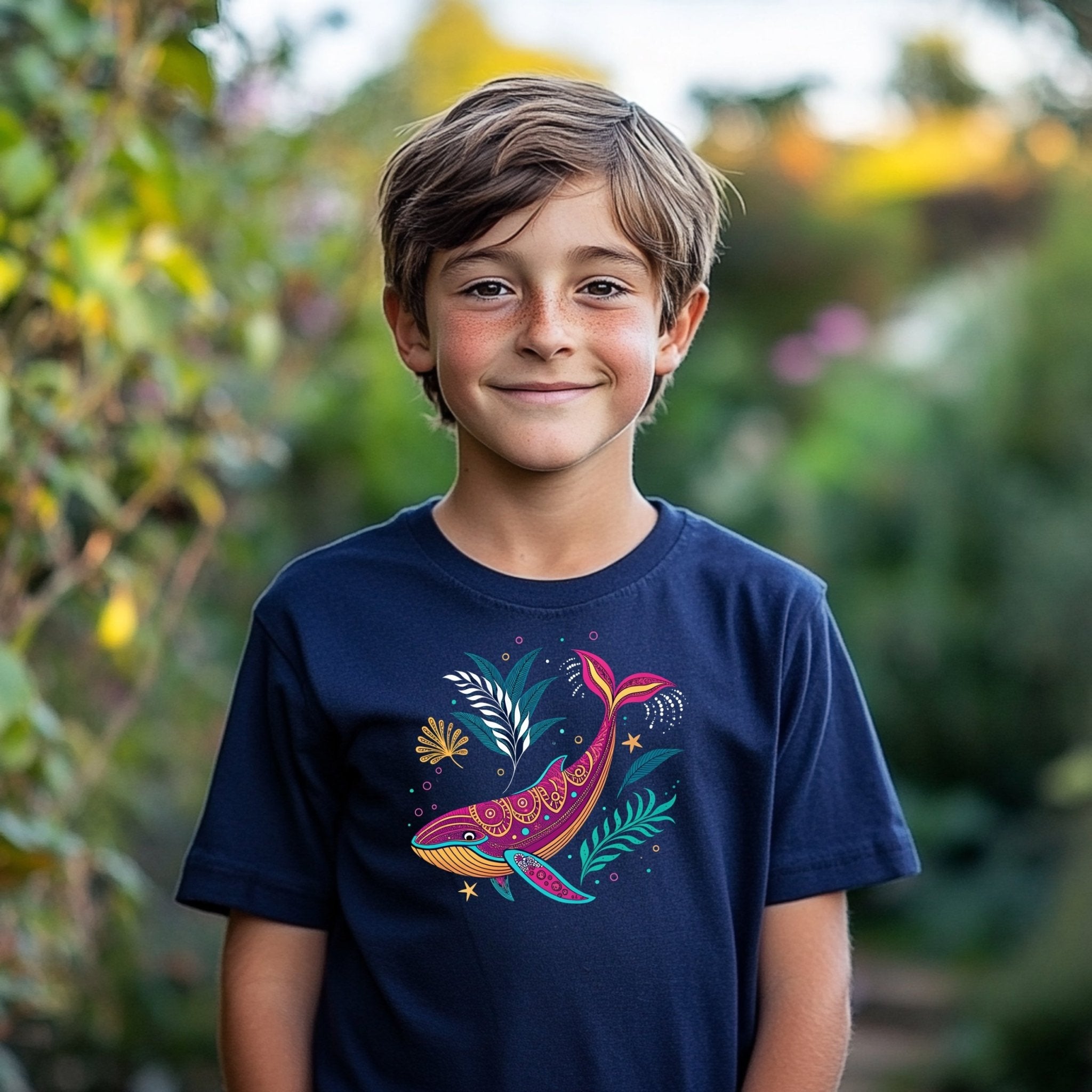 Colorful Whale Design T-Shirt, Kids Ocean Graphic Tee, Youth Short Sleeve Shirt, Fun Marine Life Art, Boys Girls Summer Top - Craig Michael Design