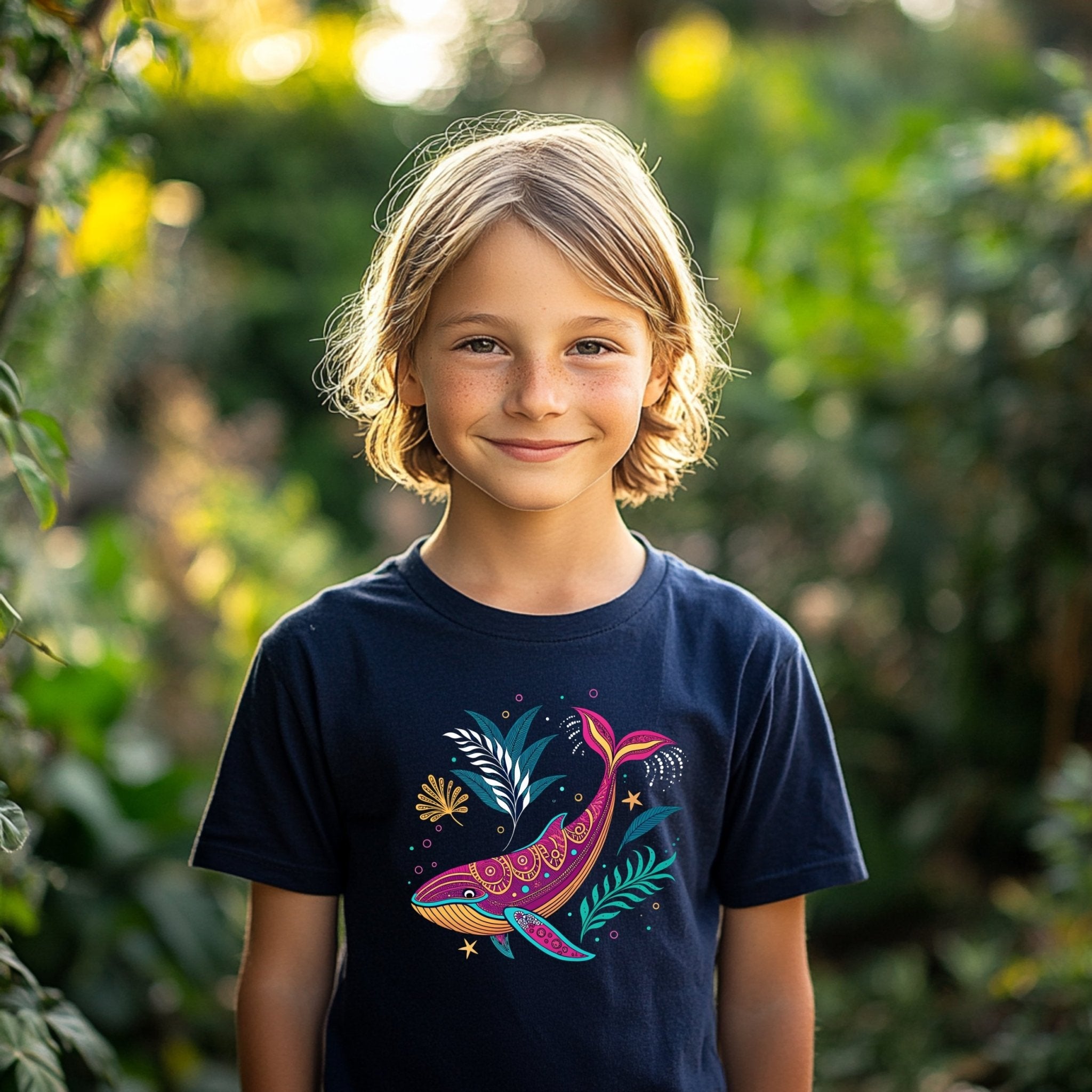 Colorful Whale Design T-Shirt, Kids Ocean Graphic Tee, Youth Short Sleeve Shirt, Fun Marine Life Art, Boys Girls Summer Top - Craig Michael Design