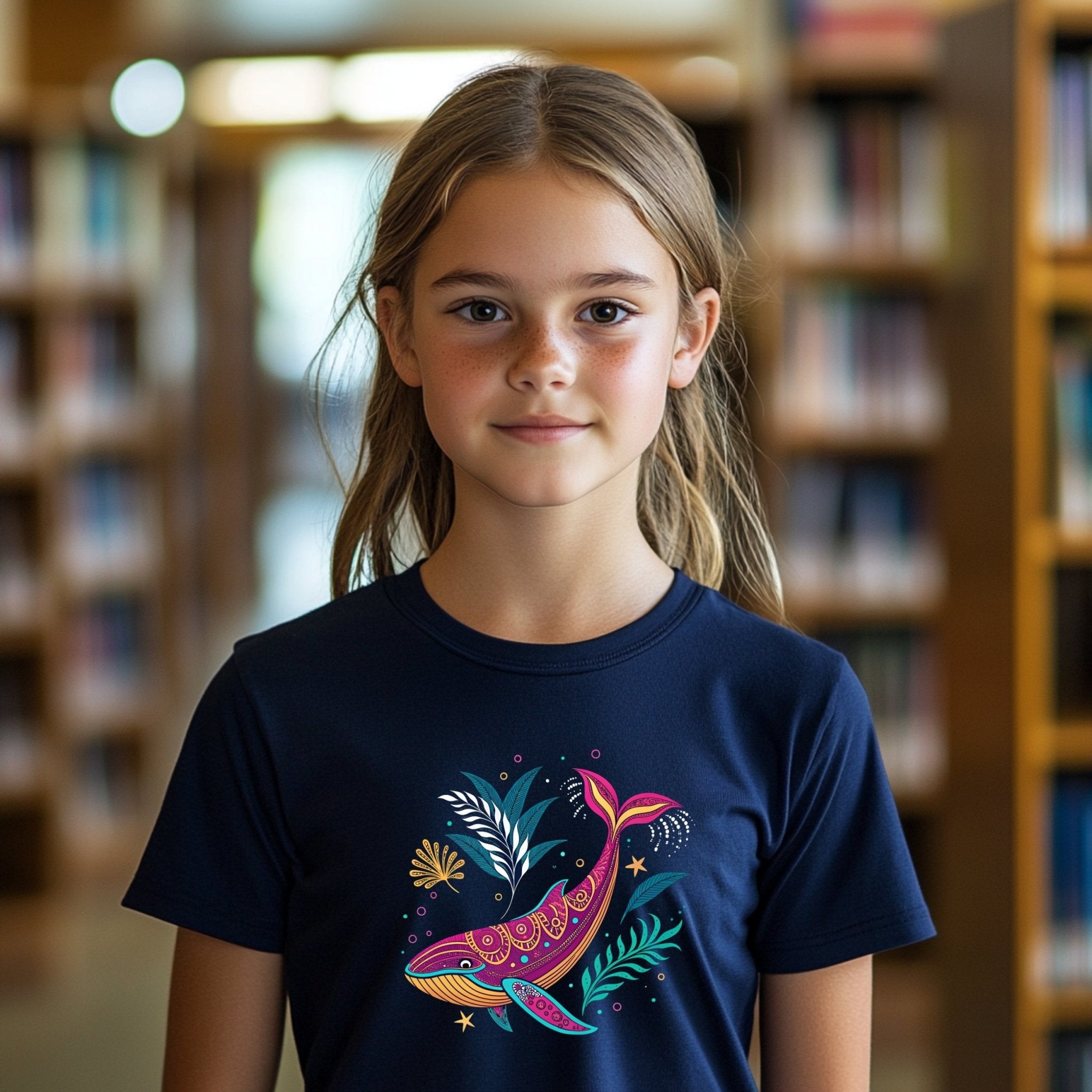 Colorful Whale Design T-Shirt, Kids Ocean Graphic Tee, Youth Short Sleeve Shirt, Fun Marine Life Art, Boys Girls Summer Top - Craig Michael Design